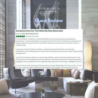 We’re grateful for reviews like this that celebrate the warm hospitality of our Front Office and Residence Club teams. ​
​
Thank you for sharing your experience — it inspires us to keep creating memorable stays, one genuine moment at a time.​

For general inquiries: ​
📞 (02) 8811 6888​
 📱  0917 888 4194​
📧 enquiry.manila@newworldhotels.com or servicecentre.manila@newworldhotels.com​
🌐 manila.newworldhotels.com​

#NewWorldMakati #NewWorldMakatiHotel #NewWorldHotels