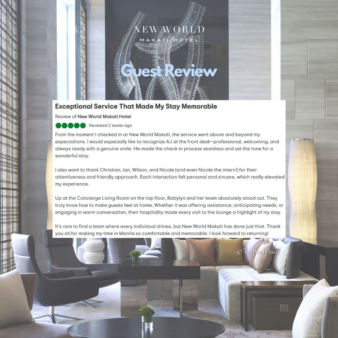 We’re grateful for reviews like this that celebrate the warm hospitality of our Front Office and Residence Club teams. ​
​
Thank you for sharing your experience — it inspires us to keep creating memorable stays, one genuine moment at a time.​

For general inquiries: ​
📞 (02) 8811 6888​
 📱  0917 888 4194​
📧 enquiry.manila@newworldhotels.com or servicecentre.manila@newworldhotels.com​
🌐 manila.newworldhotels.com​

#NewWorldMakati #NewWorldMakatiHotel #NewWorldHotels