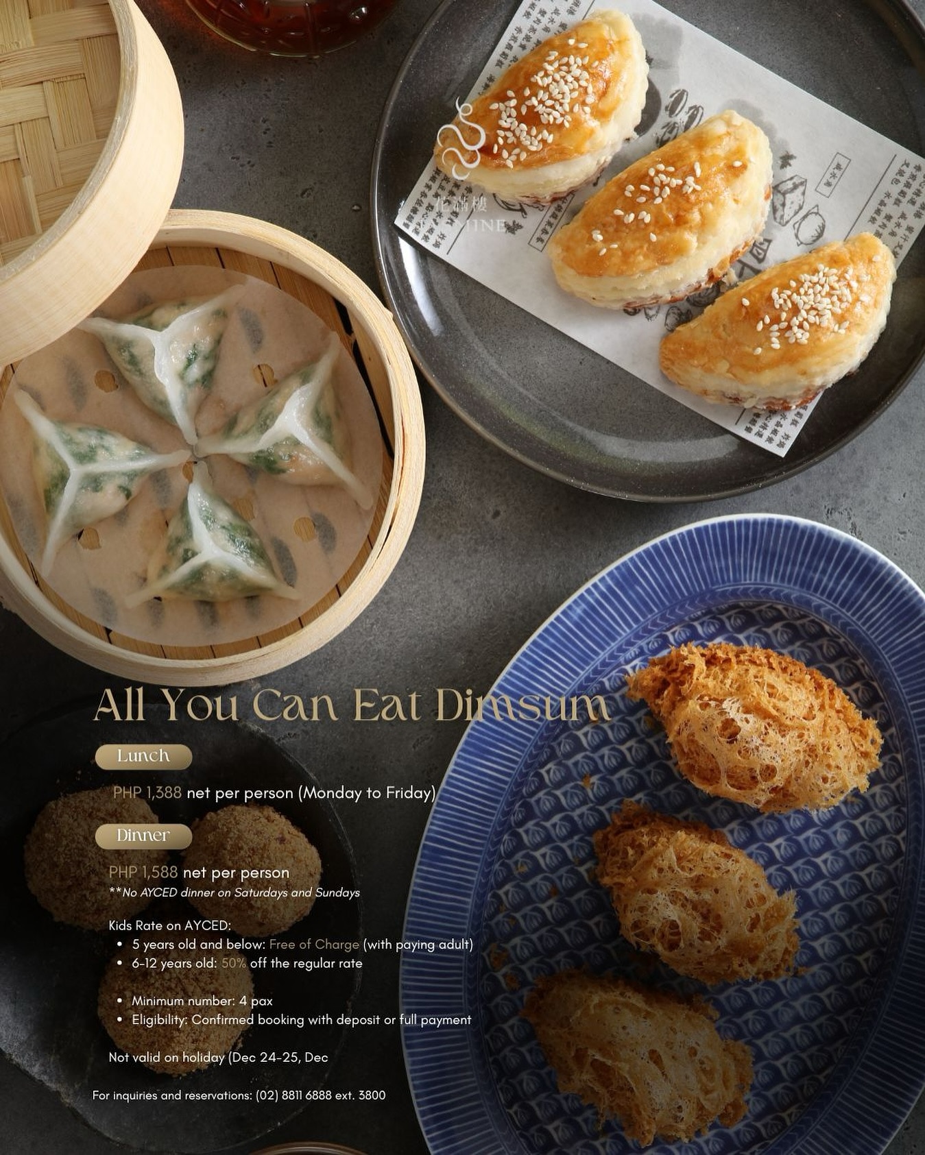 All-You-Can-Eat Dimsum Special​ at Jasmine

Savor unlimited dimsum at Jasmine for a special rate this December:​
 ​
Lunch: PHP 1,388 net​
Dinner: PHP 1,588 net​
​
Weekdays only (Monday to Friday)​
Minimum 4 pax, Pre-payment required​
Not valid on Dec 24–25 and Dec 30–31​

For dining inquiries or reservations:​
📞 (02) 8811 6888 ext. 3800​
 📱 0917 888 4194​
📧 servicecentre.manila@newworldhotels.com or fbreservations.manila@newworldhotels.com​
🌐 manila.newworldhotels.com​

#NewWorldMakati #NewWorldMakatiHotel #NewWorldHotels
