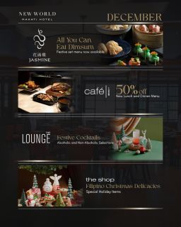 Celebrate the season with flavors that bring joy to every table! Explore our December dining specials from sumptuous holiday feasts to decadent sweet treats crafted to make your gatherings unforgettable at New World Makati Hotel 🎄

View our holiday offers on our website: A Journey of Joy – Festive Offers

Note: Regular All You Can Eat Dimsum at Jasmine from Monday to Friday at Php 1,388 for lunch and Php 1,588 for dinner is not available on December 24 to 25 and December 30 to 31 

For dining inquiries or reservations: ​
📞 (02) 8811 6888 ext. 3800 ​
📱 0917 888 4194 ​
📧 servicecentre.manila@newworldhotels.com or fbreservations.manila@newworldhotels.com ​
🌐 manila.newworldhotels.com

#NewWorldMakati #NewWorldMakatiHotel #NewWorldHotels #Cafe1228 #Jasmine #TheShop #TheLounge #RescueBar