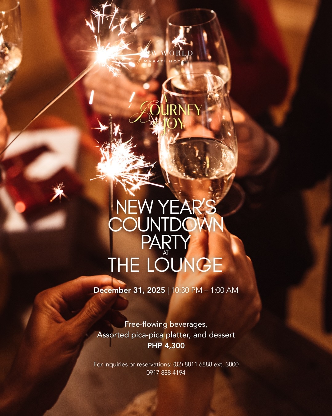 🎆 Countdown to 2026 at New World Makati Hotel 🎆
Dance the night away with the VeVo Band and live DJ entertainment as we welcome the New Year in style!

📅 December 31, 2025  10:30 PM – 1:00 AM
✨ Php 4,300 net per person

Includes: unlimited beverages, pica-pica platter, and a sweet takeaway dessert.
Raise your glass, savor the flavors, and celebrate the night with us! 
Senior Citizen & PWD discounts apply on regular rate.

View our holiday offers on our website: A Journey of Joy – Festive Offers​

For dining inquiries or reservations:​
📞 (02) 8811 6888 ext. 3800​
 📱 0917 888 4194​
📧 servicecentre.manila@newworldhotels.com or fbreservations.manila@newworldhotels.com​
🌐 manila.newworldhotels.com

#NewWorldMakati #NewWorldMakatiHotel #NewWorldHotels