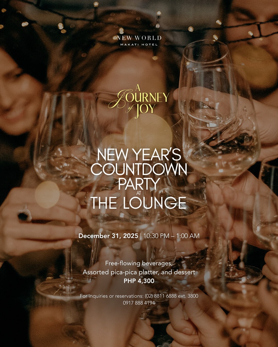 Celebrate the night with music, laughter, and indulgence as we welcome 2026 in true New World fashion.

Join us for an unforgettable New Year’s Eve Countdown featuring the electrifying VeVo Band (4-piece international performers) and dynamic DJ entertainment.

December 31, 2025 10:30 PM – 1:00 AM
Php 4,300 net per person

Includes:
• Free-flowing beverages 
• Assorted pica-pica platter 
• Takeaway dessert 

Discounts available for Senior Citizens & PWD on regular rate. 

View our holiday offers on our website: A Journey of Joy – Festive Offers​

For dining inquiries or reservations:​
📞 (02) 8811 6888 ext. 3800​
 📱 0917 888 4194​
📧 servicecentre.manila@newworldhotels.com or fbreservations.manila@newworldhotels.com​
🌐 manila.newworldhotels.com

#NewWorldMakati #NewWorldMakatiHotel #NewWorldHotels