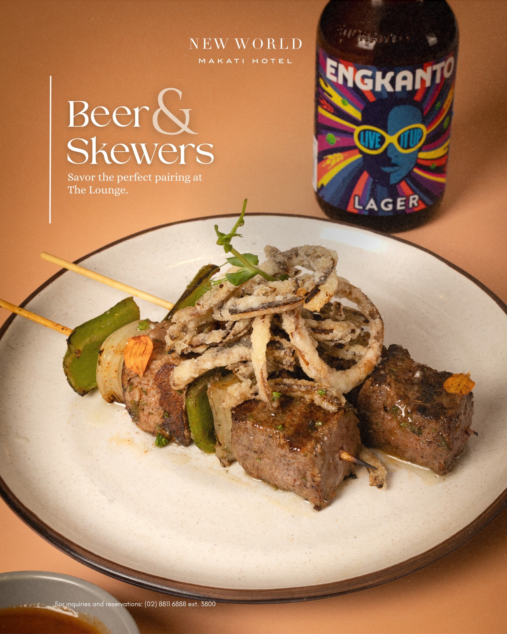 Savor the perfect pairing at New World Makati Hotel. 🍻​

Beer & skewers? Say no more. Pair your favorite Engkanto craft brew—lager, Hazy IPA, or Double IPA—with juicy kebabs, BBQ, and more. Enjoy one craft beer and two skewers of your choice: beef tenderloin kebab, buttered shrimp, grilled pork BBQ, lamb kofta, or chicken thigh BBQ.​
​
Or go all out with our Skewer Platter, featuring all five selections.​
​
Cheers to flavor, right here in Makati! ​
​
For general inquiries: ​
📞 (02) 8811 6888​
 📱 0917 888 4194​
📧 enquiry.manila@newworldhotels.com or servicecentre.manila@newworldhotels.com​
🌐 manila.newworldhotels.com​

#NewWorldMakati #NewWorldMakatiHotel #NewWorldHotels
