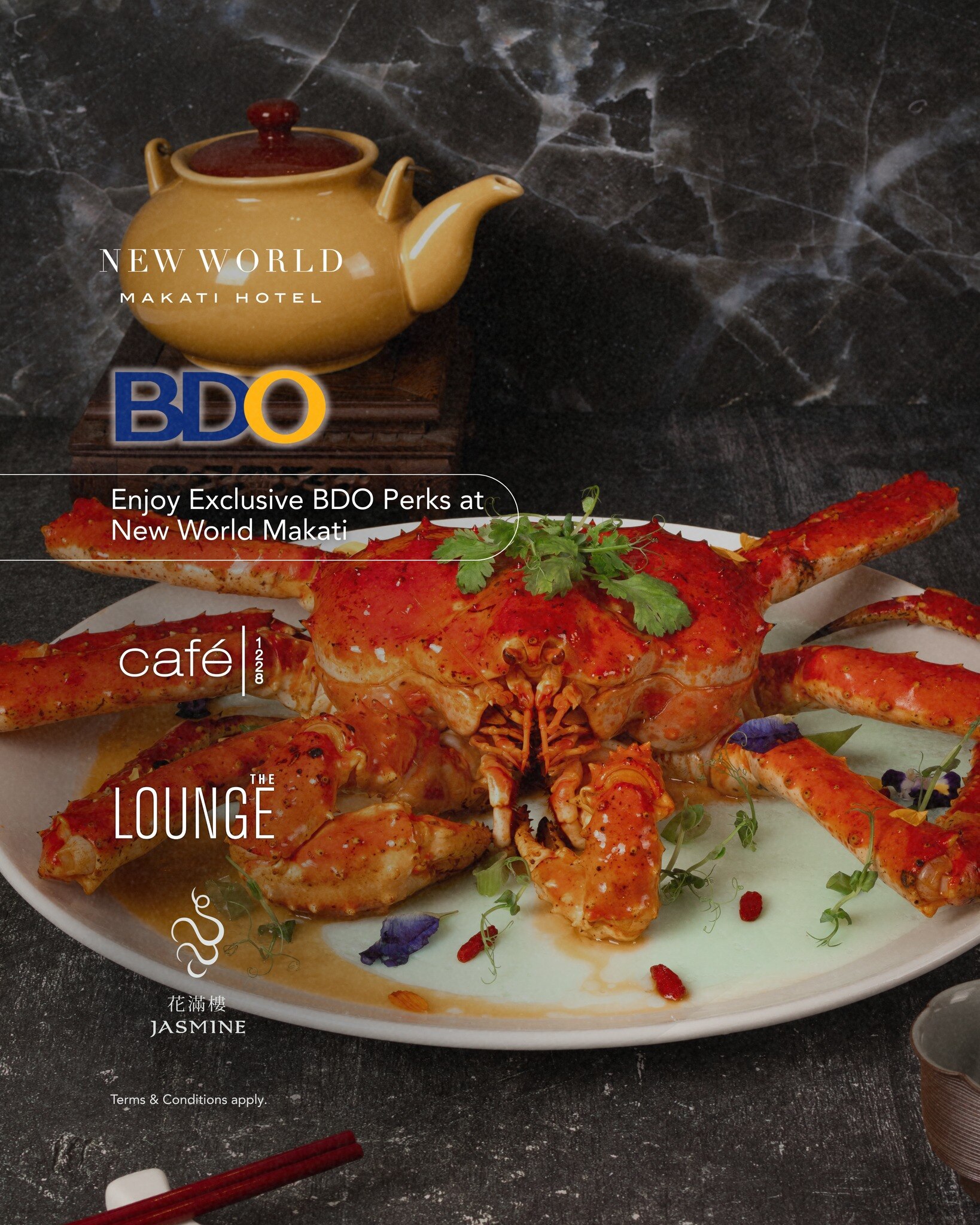 Savor more of your favorites at New World Makati with exclusive BDO dining privileges.​ From indulgent buffets to elevated Cantonese cuisine and relaxed lounge bites, enjoy rewarding savings across our dining destinations.​
​
CAFÉ 1228​
 50% off for a minimum of 2 and maximum of 20 guests​
 Valid January 5 – June 30, 2026​

JASMINE​
 20% off on your total dine‑in food bill​
 Minimum spend: ₱3,000 • Maximum spend: ₱10,000​
 Valid Monday to Friday, January 5 – June 30, 2026​

THE LOUNGE​
 10% off on food and select beverages​
 Minimum spend: ₱3,000 • Maximum spend: ₱8,000​
 Not valid on premium wines and spirits​
 Valid January 2 – June 30, 2026​

Make every meal more memorable with exclusive perks made just for BDO cardholders.​

For general inquiries: ​
📞 (02) 8811 6888​
 📱 0917 888 4194​
📧 enquiry.manila@newworldhotels.com or servicecentre.manila@newworldhotels.com​
🌐 manila.newworldhotels.com​

#NewWorldMakati #NewWorldMakatiHotel #NewWorldHotels #ResidenceClub #bleisure