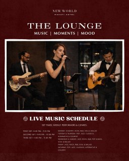 Evenings Made Better with Live Music at The Lounge

From midweek jazz and soulful ballads to weekend pop, country, and alternative favorites, The Lounge offers a full spectrum of genres performed live each night. Settle in, sip, relax, and let the music elevate your evening.

For general inquiries: 
📞 (02) 8811 6888 
 📱 0917 888 4194 (For F&B inquiries)
📧 enquiry.manila@newworldhotels.com or servicecentre.manila@newworldhotels.com
🌐 manila.newworldhotels.com

#NewWorldMakati #NewWorldMakatiHotel #NewWorldHotels #TheLounge