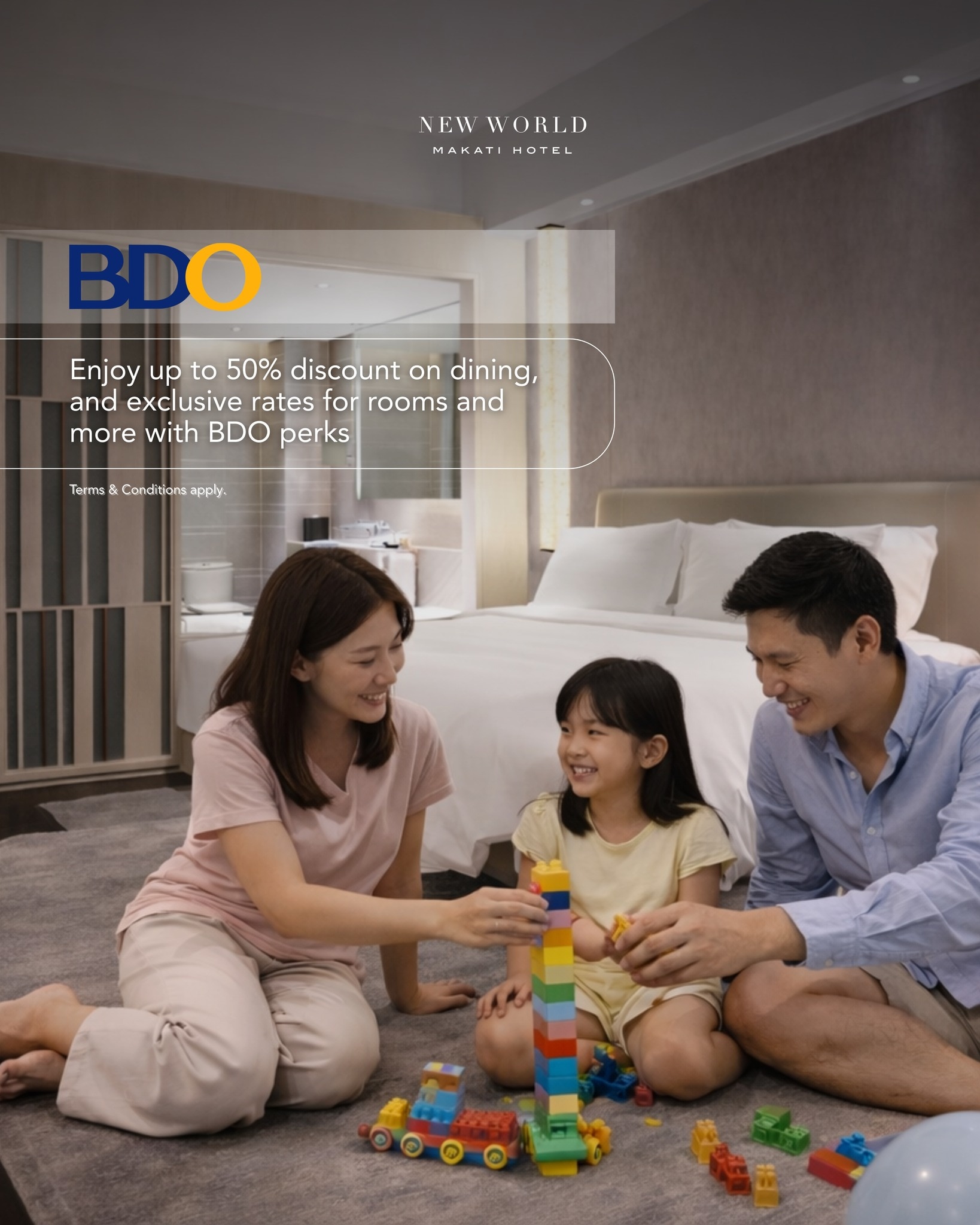 Unlock Exclusive BDO Privileges at New World Makati Hotel
 
Elevate your stay with exceptional offers exclusively for BDO cardholders. Enjoy up to 50% off on dining, exclusive room rates for two, and 20% off on annual Fitness Center memberships, designed to make every visit more rewarding.
 
Exclusive room offers include:
Superior Room – Php 9,300 net per night, inclusive of breakfast for two
Deluxe Room – Php 9,800 net per night, inclusive of breakfast for two
Residence Club Deluxe Room – Php 11,300 net per night, inclusive of Residence Club Living Room access and breakfast for two

Make the most of your getaway with exclusive rates and privileges that bring added value to every stay.

For general inquiries: 
📞 (02) 8811 6888 (For general inquires)
 📱 0917 888 4194 (For F&B inquiries)
📧 enquiry.manila@newworldhotels.com or servicecentre.manila@newworldhotels.com
🌐 manila.newworldhotels.com

#NewWorldMakati #NewWorldMakatiHotel #NewWorldHotels