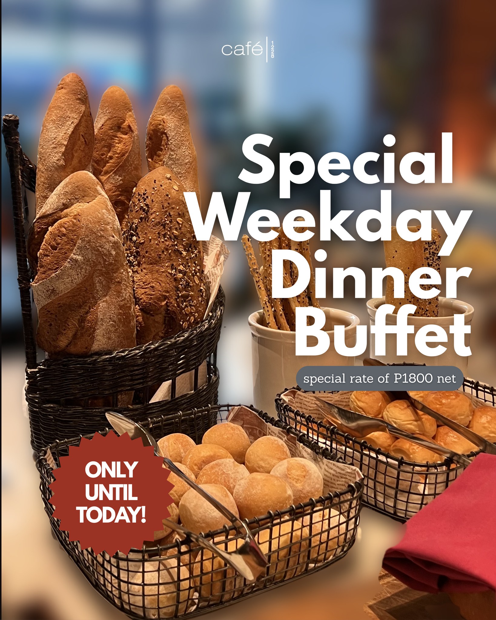 Make tonight deliciously memorable.

Enjoy our Special Weekday Dinner Buffet at Café 1228 for an exclusive PHP 1,800 net—a generous spread of fresh breads, hearty mains, and well-loved favorites crafted for a comforting midweek treat.

Only until today. Reserve your table now.

📞 (02) 8811 6888 (For General inquiries)
📱 0917 888 4194 (For F&B inquiries)
📧 enquiry.manila@newworldhotels.com or servicecentre.manila@newworldhotels.com
🌐 manila.newworldhotels.com

#NewWorldMakati #NewWorldMakatiHotel #NewWorldHotels #Cafe1228