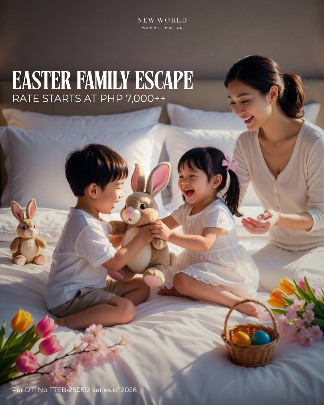 Your Easter plans, perfected.
Make it a city escape with exclusive room offers at New World Makati Hotel.
Inclusions:
Daily breakfast for 2 adults and 2 children
Easter F&B Amenity (Caramel Egg Crunch)
Booking dates: 02 March to 05 April 2026
Stay dates: 27 March to 05 April 2026
Limited availability over the holiday weekend. Secure your stay today.
📞 (02) 8811 6888 (For General inquiries)
📱 0917 888 4194 (For F&B inquiries)
📧 enquiry.manila@newworldhotels.com or servicecentre.manila@newworldhotels.com
🌐 manila.newworldhotels.com
Per DTI No. FTEB-250512 series of 2026
#NewWorldMakati #NewWorldMakatiHotel #NewWorldHotels