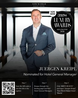 A proud moment for our team.​

Our General Manager, Juergen Kreipl, has been nominated for Best General Manager at the Travel + Leisure Luxury Awards Asia Pacific 2026.​

Through his leadership, New World Makati Hotel continues to set the standard for hospitality excellence in Makati and beyond.​

Join us in celebrating this well-deserved recognition.​

Vote for Juergen by logging on https://awards.travelandleisureasia.com/luxuryawards2026/philippines/ and select Hotel General Managers, and input Juergen Kreipl, New World Makati Hotel and Manila in the appropriate boxes. 

#TravelLeisureAwards #BestGeneralManager #HospitalityLeadership​

📞 (02) 8811 6888 (For General inquiries)​
 📱 0917 888 4194 (For F&B inquiries)​
📧 enquiry.manila@newworldhotels.com or servicecentre.manila@newworldhotels.com​
🌐 manila.newworldhotels.com​

#NewWorldMakati #NewWorldMakatiHotel #NewWorldHotels