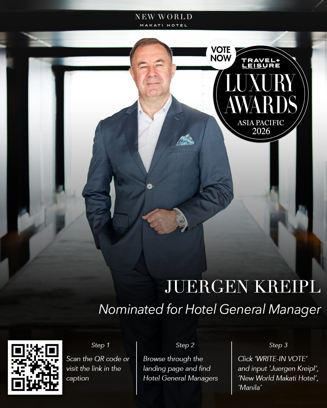 A proud moment for our team.​

Our General Manager, Juergen Kreipl, has been nominated for Best General Manager at the Travel + Leisure Luxury Awards Asia Pacific 2026.​

Through his leadership, New World Makati Hotel continues to set the standard for hospitality excellence in Makati and beyond.​

Join us in celebrating this well-deserved recognition.​

Vote for Juergen by logging on https://awards.travelandleisureasia.com/luxuryawards2026/philippines/ and select Hotel General Managers, and input Juergen Kreipl, New World Makati Hotel and Manila in the appropriate boxes. 

#TravelLeisureAwards #BestGeneralManager #HospitalityLeadership​

📞 (02) 8811 6888 (For General inquiries)​
 📱 0917 888 4194 (For F&B inquiries)​
📧 enquiry.manila@newworldhotels.com or servicecentre.manila@newworldhotels.com​
🌐 manila.newworldhotels.com​

#NewWorldMakati #NewWorldMakatiHotel #NewWorldHotels