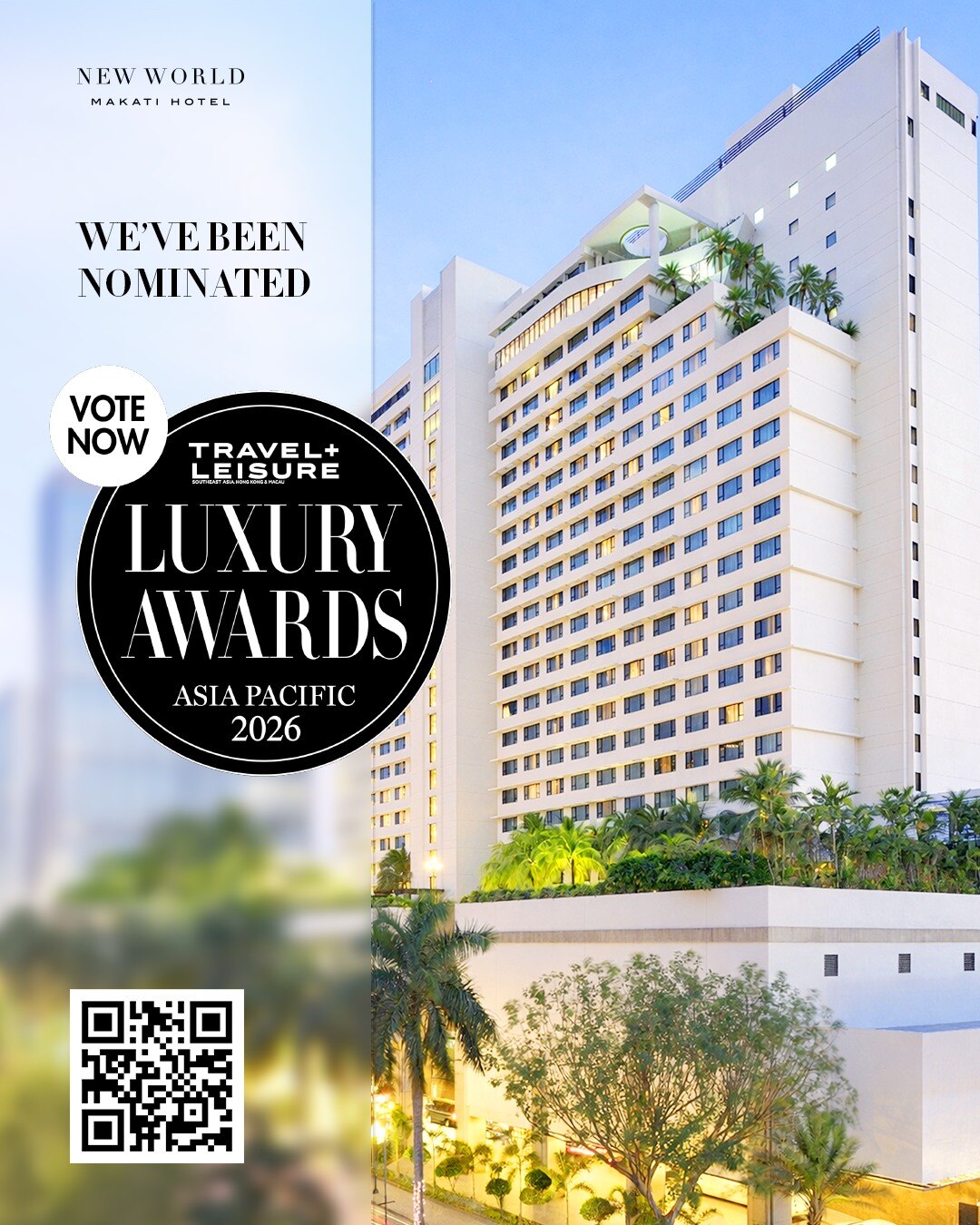We’re proud to share some exciting news. ✨ 

New World Makati Hotel has been nominated for Best City Hotel in the Philippines at the Travel + Leisure Luxury Awards Asia Pacific 2026. 

This recognition belongs to our incredible team and to every guest who has chosen to stay with us in the heart of Makati. 

If we’ve made your stays memorable, we would truly appreciate your support. 

Cast your vote here:
https://awards.travelandleisureasia.com/luxuryawards2026/philippines/city-hotels/

Thank you for being part of our story. 

#TravelLeisureAwards #BestBusinessHotel #NewWorldMakati