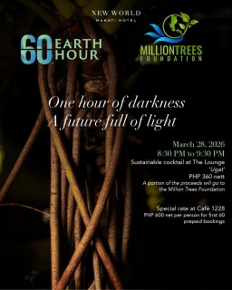 Rooted in flavor. Grounded in purpose. 🌿

Celebrate Earth Hour with an evening of mindful dining and sustainable sips.

On March 28, the first 60 diners who made reservations for Café 1228’s buffet dinner can enjoy the experience for just Php 600 net — a special Earth Hour offer for those who join us in marking the moment.

The evening also introduces UGAT, our Earth Season cocktail crafted with Philippine ingredients and inspired by nature’s roots. Available from March 28 to April 28 at The Lounge, a portion of proceeds will support Million Trees Foundation, helping restore forests one glass at a time.
 
Dine with intention. Drink with purpose. Reserve your table.

📞 (02) 8811 6888 (For General inquiries)​
📱 0917 888 4194 (For F&B inquiries)​
📧 enquiry.manila@newworldhotels.com or servicecentre.manila@newworldhotels.com​
🌐 manila.newworldhotels.com​

#NewWorldMakati #NewWorldMakatiHotel #NewWorldHotels