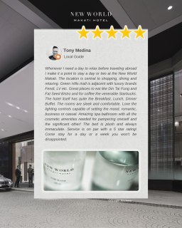 “𝗦𝗲𝗿𝘃𝗶𝗰𝗲 𝗼𝗻 𝗽𝗮𝗿 𝘄𝗶𝘁𝗵 𝗮 𝟱-𝘀𝘁𝗮𝗿 𝗿𝗮𝘁𝗶𝗻𝗴!” 🌟

Thank you, Tony Medina, Local Guide, for choosing 𝗡𝗲𝘄 𝗪𝗼𝗿𝗹𝗱 𝗠𝗮𝗸𝗮𝘁𝗶 𝗛𝗼𝘁𝗲𝗹 as your haven before travelling abroad. Guest experiences like yours are why we are proud to be nominated for the 𝗧𝗿𝗮𝘃𝗲𝗹 + 𝗟𝗲𝗶𝘀𝘂𝗿𝗲 𝗟𝘂𝘅𝘂𝗿𝘆 𝗔𝘄𝗮𝗿𝗱𝘀 𝗔𝘀𝗶𝗮 𝟮𝟬𝟮𝟲 – 𝗖𝗶𝘁𝘆 𝗛𝗼𝘁𝗲𝗹𝘀 (𝗣𝗵𝗶𝗹𝗶𝗽𝗽𝗶𝗻𝗲𝘀).

If you’ve stayed, celebrated, or worked with us, we would be grateful for your support.

𝗩𝗼𝘁𝗲 𝗳𝗼𝗿 𝗡𝗲𝘄 𝗪𝗼𝗿𝗹𝗱 𝗠𝗮𝗸𝗮𝘁𝗶 𝗛𝗼𝘁𝗲𝗹, 𝗠𝗮𝗻𝗶𝗹𝗮:
https://awards.travelandleisureasia.com/luxuryawards2026/philippines/city-hotels/
 
𝗩𝗼𝘁𝗶𝗻𝗴 𝗰𝗹𝗼𝘀𝗲𝘀 𝗔𝗽𝗿𝗶𝗹 𝟲.

📞 (02) 8811 6888 (For General inquiries)
 📱 0917 888 4194 (For F&B inquiries)
📧 enquiry.manila@newworldhotels.com or servicecentre.manila@newworldhotels.com
🌐 manila.newworldhotels.com

#NewWorldMakati #NewWorldMakatiHotel #NewWorldHotels