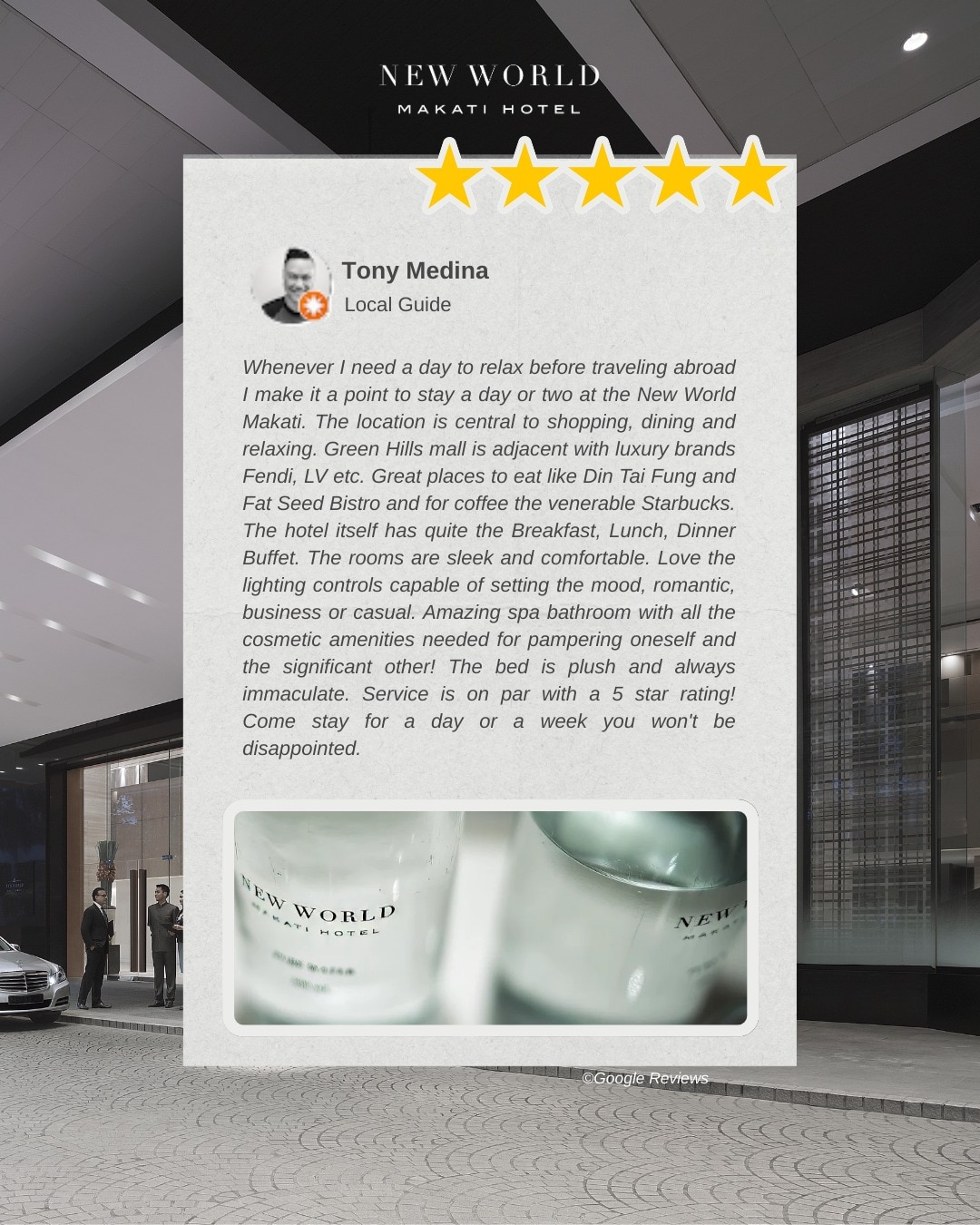“𝗦𝗲𝗿𝘃𝗶𝗰𝗲 𝗼𝗻 𝗽𝗮𝗿 𝘄𝗶𝘁𝗵 𝗮 𝟱-𝘀𝘁𝗮𝗿 𝗿𝗮𝘁𝗶𝗻𝗴!” 🌟

Thank you, Tony Medina, Local Guide, for choosing 𝗡𝗲𝘄 𝗪𝗼𝗿𝗹𝗱 𝗠𝗮𝗸𝗮𝘁𝗶 𝗛𝗼𝘁𝗲𝗹 as your haven before travelling abroad. Guest experiences like yours are why we are proud to be nominated for the 𝗧𝗿𝗮𝘃𝗲𝗹 + 𝗟𝗲𝗶𝘀𝘂𝗿𝗲 𝗟𝘂𝘅𝘂𝗿𝘆 𝗔𝘄𝗮𝗿𝗱𝘀 𝗔𝘀𝗶𝗮 𝟮𝟬𝟮𝟲 – 𝗖𝗶𝘁𝘆 𝗛𝗼𝘁𝗲𝗹𝘀 (𝗣𝗵𝗶𝗹𝗶𝗽𝗽𝗶𝗻𝗲𝘀).

If you’ve stayed, celebrated, or worked with us, we would be grateful for your support.

𝗩𝗼𝘁𝗲 𝗳𝗼𝗿 𝗡𝗲𝘄 𝗪𝗼𝗿𝗹𝗱 𝗠𝗮𝗸𝗮𝘁𝗶 𝗛𝗼𝘁𝗲𝗹, 𝗠𝗮𝗻𝗶𝗹𝗮:
https://awards.travelandleisureasia.com/luxuryawards2026/philippines/city-hotels/
 
𝗩𝗼𝘁𝗶𝗻𝗴 𝗰𝗹𝗼𝘀𝗲𝘀 𝗔𝗽𝗿𝗶𝗹 𝟲.

📞 (02) 8811 6888 (For General inquiries)
 📱 0917 888 4194 (For F&B inquiries)
📧 enquiry.manila@newworldhotels.com or servicecentre.manila@newworldhotels.com
🌐 manila.newworldhotels.com

#NewWorldMakati #NewWorldMakatiHotel #NewWorldHotels