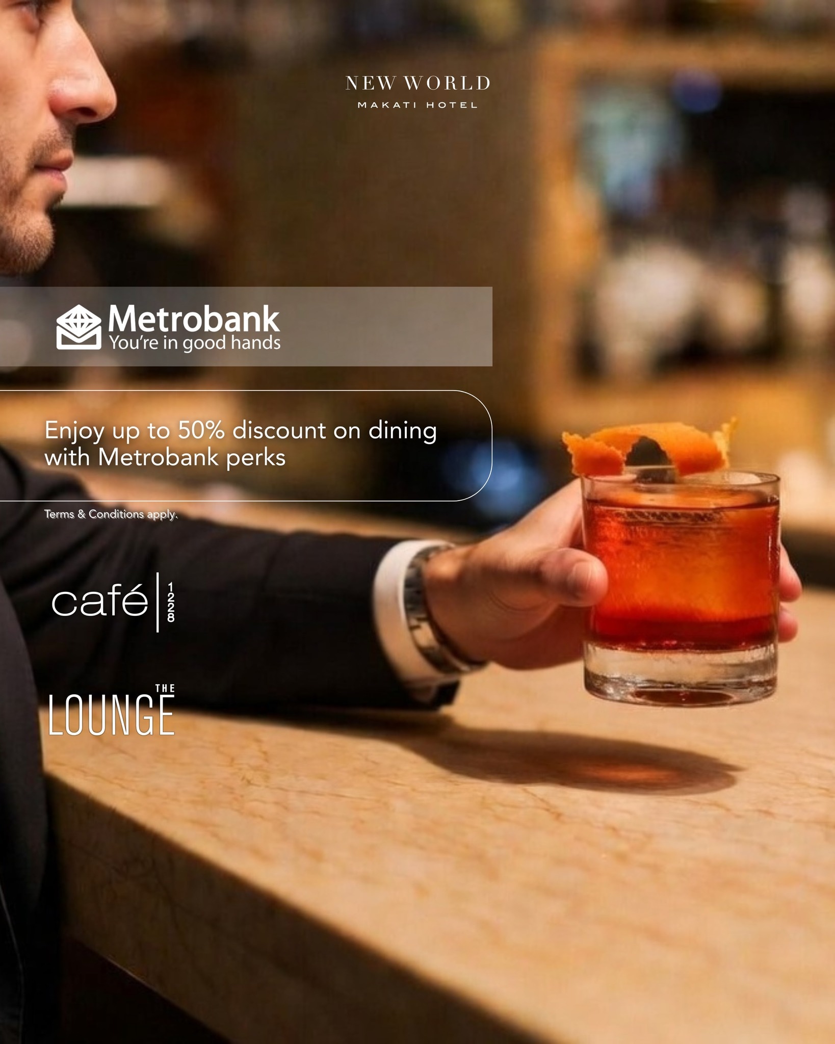 𝗠𝗲𝘁𝗿𝗼𝗯𝗮𝗻𝗸 𝗴𝗶𝘃𝗲𝘀 𝘆𝗼𝘂 𝗺𝗼𝗿𝗲 𝗿𝗲𝗮𝘀𝗼𝗻𝘀 𝘁𝗼 𝗱𝗶𝗻𝗲 𝗮𝘁 𝗡𝗲𝘄 𝗪𝗼𝗿𝗹𝗱 𝗠𝗮𝗸𝗮𝘁𝗶.

From indulgent buffets at Café 1228 to laid‑back bites at The Lounge, Metrobank transforms dining into unforgettable experiences — where flavor meets comfort, and every occasion tastes better with exclusive rewards.

𝗖𝗮𝗳𝗲 𝟭𝟮𝟮𝟴 
 - 50% discount, minimum of 2 persons maximum of 20, from January until June 30,2026.

𝗧𝗵𝗲 𝗟𝗼𝘂𝗻𝗴𝗲
 - 10% off on food and select beverages for a minimum single-receipt of PHP 3,000, and up to a maximum single-receipt of PHP 8,000. Valid from January 5 until June 30, 2026.

📞 (02) 8811 6888 (For General inquiries)
📱 0917 888 4194 (For F&B inquiries)
📧 enquiry.manila@newworldhotels.com or servicecentre.manila@newworldhotels.com
🌐 manila.newworldhotels.com

#NewWorldMakati #NewWorldMakatiHotel #NewWorldHotels
