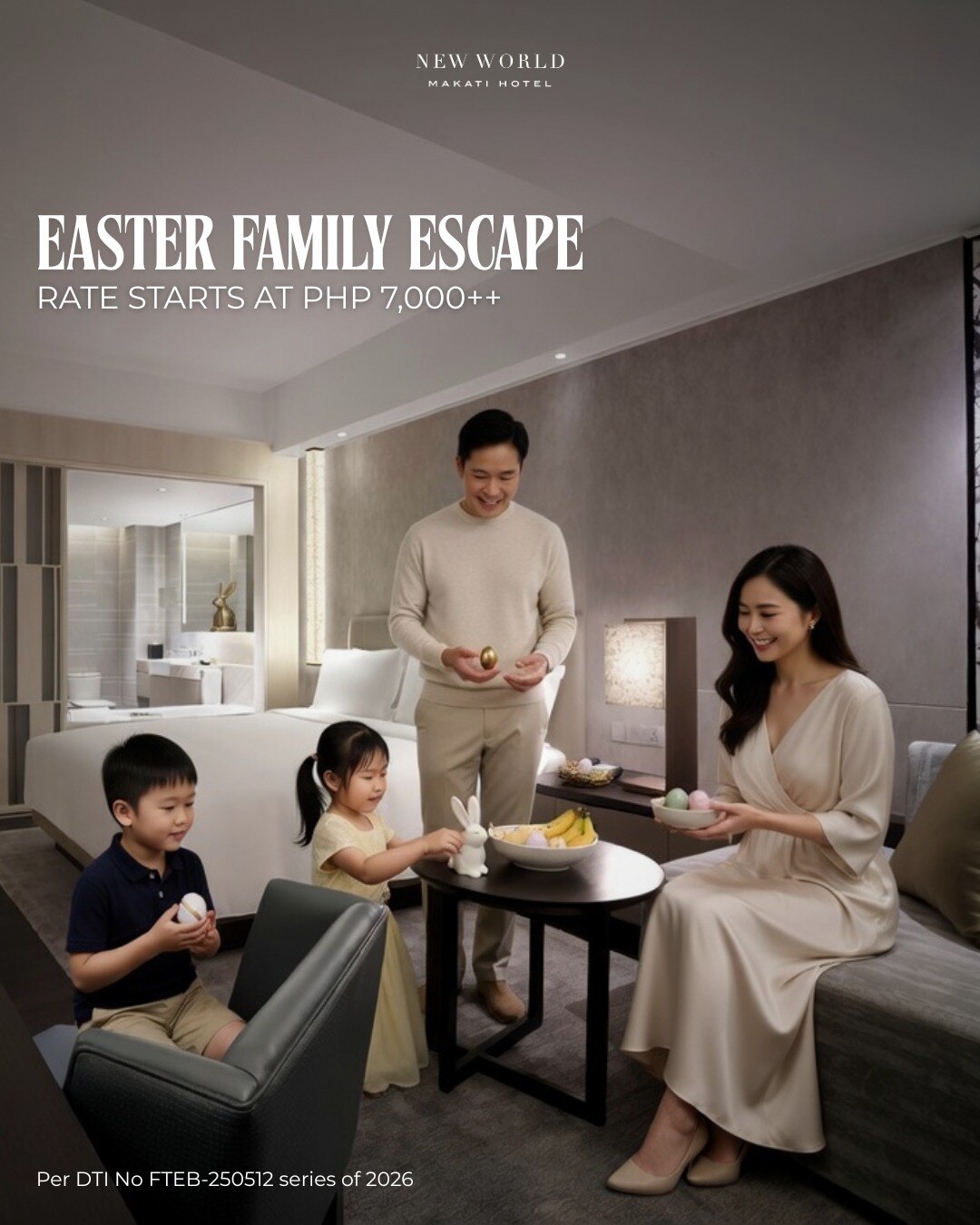 Hop into a delightful Easter escape.​

Celebrate the long weekend with a relaxing staycation, festive touches, and meaningful moments with the family.​

Book your Easter stay today.​

📞 (02) 8811 6888 (For General inquiries)​
📱 0917 888 4194 (For F&B inquiries)​
📧 enquiry.manila@newworldhotels.com or servicecentre.manila@newworldhotels.com​
🌐 manila.newworldhotels.com​

#NewWorldMakati #NewWorldMakatiHotel #NewWorldHotels