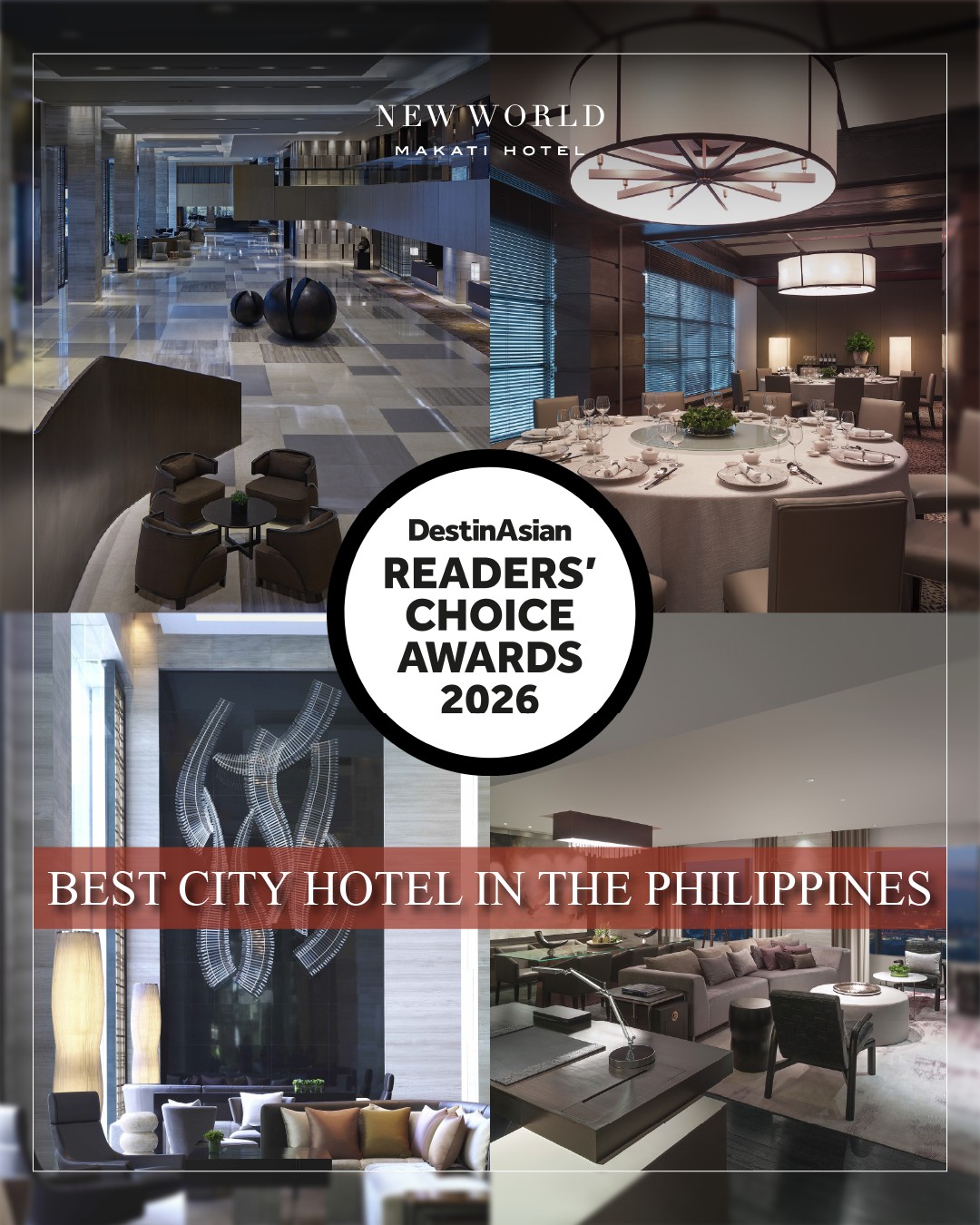 𝗪𝗵𝗲𝗿𝗲 𝗘𝘃𝗲𝗿𝘆 𝗝𝗼𝘂𝗿𝗻𝗲𝘆 𝗕𝗲𝗴𝗶𝗻𝘀 𝘄𝗶𝘁𝗵 𝗗𝗶𝘀𝘁𝗶𝗻𝗰𝘁𝗶𝗼𝗻 ​

At New World Makati Hotel, we are committed to creating seamless, thoughtful experiences that leave lasting impressions. From the moment you arrive, our team ensures every detail is designed to make your stay effortless — whether for business or leisure.​
​
We are deeply honored to be recognized in the 𝗗𝗲𝘀𝘁𝗶𝗻𝗔𝘀𝗶𝗮𝗻 𝟮𝟬𝟮𝟲 𝗥𝗲𝗮𝗱𝗲𝗿𝘀’ 𝗖𝗵𝗼𝗶𝗰𝗲 𝗔𝘄𝗮𝗿𝗱𝘀, a testament to the trust and support of our valued guests. Your voices inspire us to continually elevate our hospitality, and we are grateful to be part of your journeys.​
​
📞 (02) 8811 6888 (For General inquiries)​
 📱 0917 888 4194 (For F&B inquiries)​
📧 enquiry.manila@newworldhotels.com or servicecentre.manila@newworldhotels.com​
🌐 manila.newworldhotels.com​
​
#NewWorldMakati #NewWorldMakatiHotel #NewWorldHotels