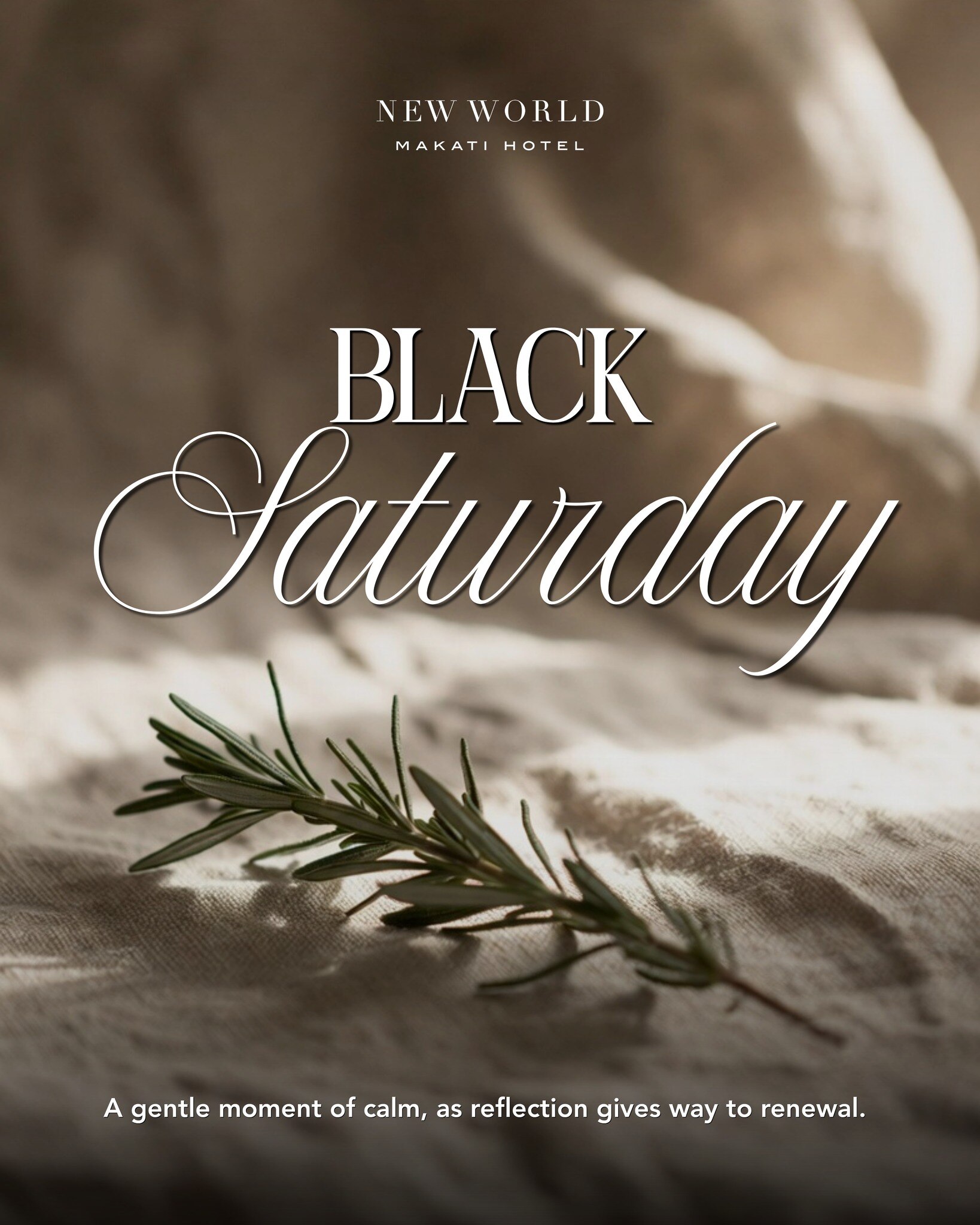 𝗜𝗻 𝗦𝗶𝗹𝗲𝗻𝗰𝗲, 𝗪𝗲 𝗪𝗮𝗶𝘁​
​
Black Saturday is a day of silence and reflection, honoring sacrifice and holding space for prayer, remembrance, and hope. In the stillness between sorrow and triumph, we are reminded that even in darkness, the promise of light endures as we await the joy of Easter morning.

📞 (02) 8811 6888 (For General inquiries)​
📱 0917 888 4194 (For F&B inquiries)​
📧 enquiry.manila@newworldhotels.com or servicecentre.manila@newworldhotels.com​
🌐 manila.newworldhotels.com​

#NewWorldMakati #NewWorldMakatiHotel #NewWorldHotels