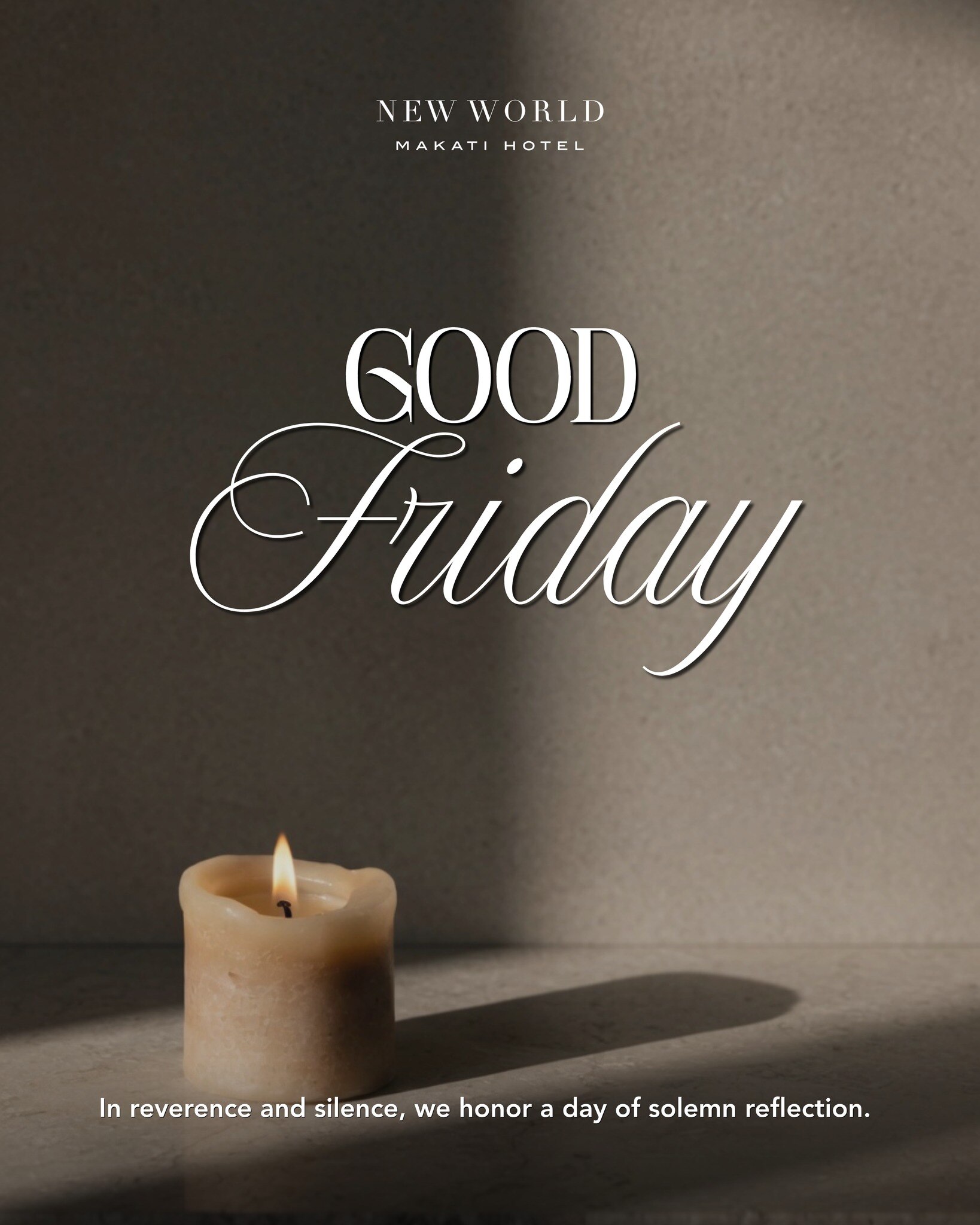 𝗧𝗵𝗲 𝗦𝗶𝗹𝗲𝗻𝗰𝗲 𝗼𝗳 𝗥𝗲𝗱𝗲𝗺𝗽𝘁𝗶𝗼𝗻​

Good Friday invites us to pause, to pray, and to remember the depth of Christ’s love. As we embrace the stillness, may we discover strength in silence and hope in faith. May this day awaken gratitude and compassion within us.​

📞 (02) 8811 6888 (For General inquiries)​
 📱 0917 888 4194 (For F&B inquiries)​
📧 enquiry.manila@newworldhotels.com or servicecentre.manila@newworldhotels.com​
🌐 manila.newworldhotels.com​
​
#NewWorldMakati #NewWorldMakatiHotel #NewWorldHotels