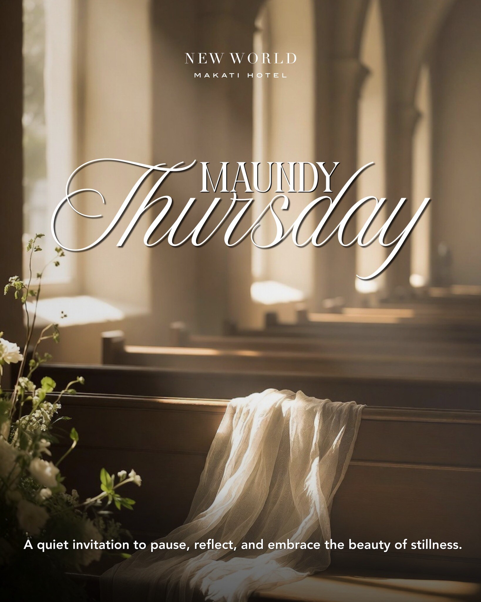 𝗔 𝗦𝗮𝗰𝗿𝗲𝗱 𝗘𝘃𝗲𝗻𝗶𝗻𝗴 𝗼𝗳 𝗥𝗲𝗳𝗹𝗲𝗰𝘁𝗶𝗼𝗻​
​​
A sacred evening that whispers of humility, reflection, and grace. As we embrace the stillness, we are called to remember the depth of Christ’s love and His commandment to serve. ​
​
📞 (02) 8811 6888 (For General inquiries)​
 📱 0917 888 4194 (For F&B inquiries)​
📧 enquiry.manila@newworldhotels.com or servicecentre.manila@newworldhotels.com​
🌐 manila.newworldhotels.com​
​
#NewWorldMakati #NewWorldMakatiHotel #NewWorldHotels
