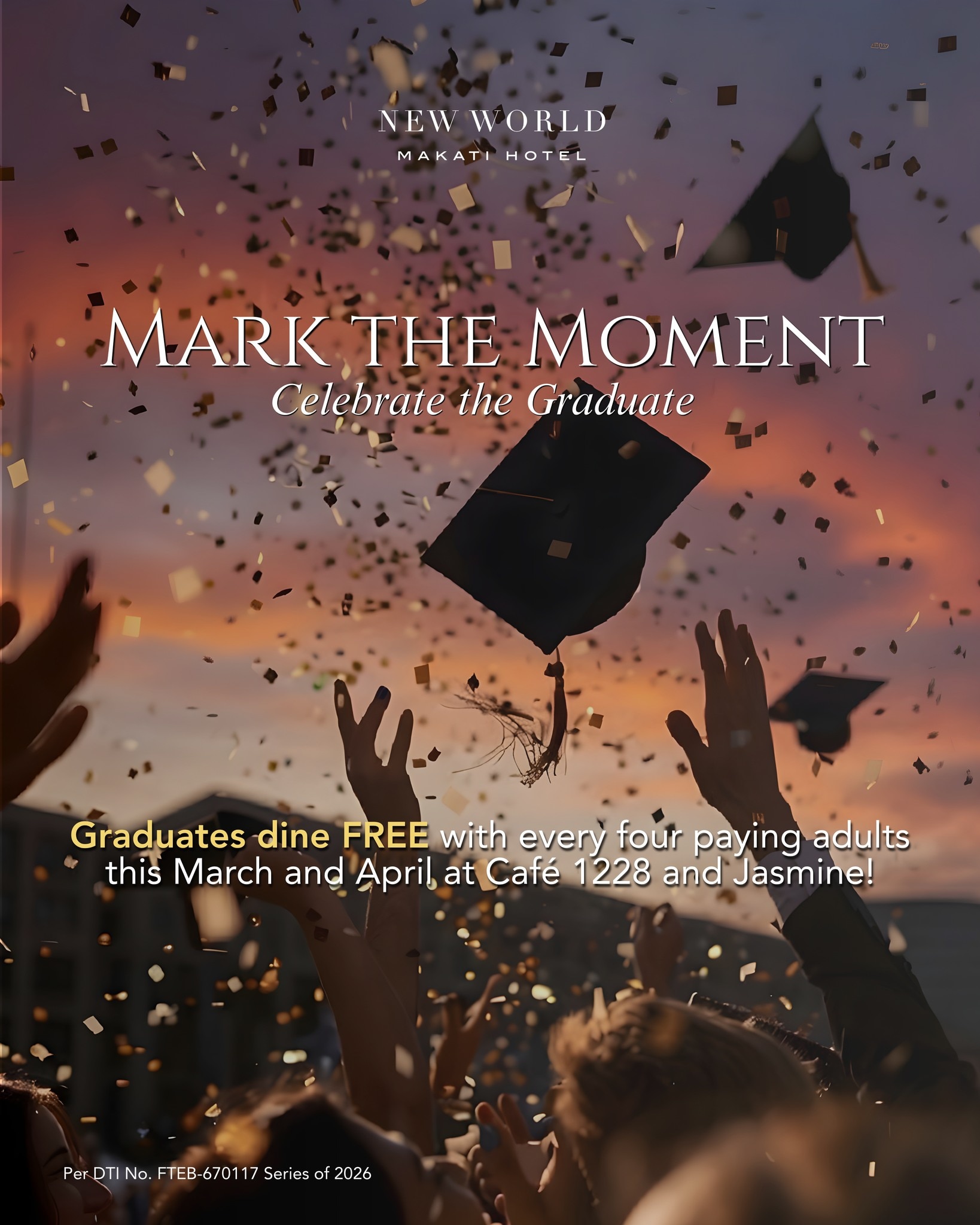 Make it unforgettable with a feast for achievers at 𝗖𝗮𝗳é 𝟭𝟮𝟮𝟴 and 𝗝𝗮𝘀𝗺𝗶𝗻𝗲.​
 ​
𝗖𝗮𝗳é 𝟭𝟮𝟮𝟴​
𝗟𝘂𝗻𝗰𝗵: ​
• Weekday (Mon–Fri) – PHP 3,200 net ​
• Weekend (Sat–Sun) – PHP 4,200 net ​
• Kids (6–12 yrs) – PHP 1,500 net​
​
𝗗𝗶𝗻𝗻𝗲𝗿: ​
• Weekday (Mon–Thurs) – PHP 3,800 net ​
• Weekend (Fri–Sun) – PHP 4,200 net ​
• Kids (6–12 yrs) – PHP 1,500 net​
​
𝗔𝗱𝗱𝗶𝘁𝗶𝗼𝗻𝗮𝗹 𝗕𝗲𝘃𝗲𝗿𝗮𝗴𝗲 𝗢𝗳𝗳𝗲𝗿𝗶𝗻𝗴: ​
• PHP 888 net per person ​
• PHP 588 net per person​
​
𝗝𝗮𝘀𝗺𝗶𝗻𝗲 𝗥𝗲𝘀𝘁𝗮𝘂𝗿𝗮𝗻𝘁​
𝗟𝘂𝗻𝗰𝗵: ​
• PHP 1,488 net (Mon–Fri) ​
• PHP 1,688 net (Sat–Sun)​
​
𝗗𝗶𝗻𝗻𝗲𝗿: ​
• PHP 1,688 net (Sun–Thurs)​
​
📞 (02) 8811 6888 (For General inquiries)​
 📱 0917 888 4194 (For F&B inquiries)​
📧 enquiry.manila@newworldhotels.com or servicecentre.manila@newworldhotels.com​
🌐 manila.newworldhotels.com​
​
#NewWorldMakati #NewWorldMakatiHotel #NewWorldHotels