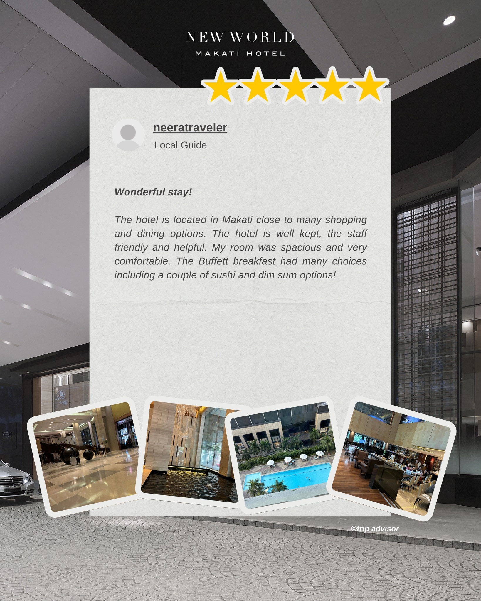Thank you for your kind words and for choosing New World Makati Hotel. Weโre delighted you enjoyed your comfortable stay, warm service, and memorable dining experiences.
From restful rooms to thoughtfully prepared cuisine, itโs always our pleasure to create moments our guests can truly enjoy. We look forward to welcoming you back for another exceptional stay soon.
๐ (02) 8811 6888 (For General inquiries)
๐ฑ 0917 888 4194 (For F&B inquiries)
๐ง enquiry.manila@newworldhotels.com or servicecentre.manila@newworldhotels.com
๐ manila.newworldhotels.com
#NewWorldMakati #GuestReview #LuxuryInMakati #StayAndDine #HospitalityFromTheHeart