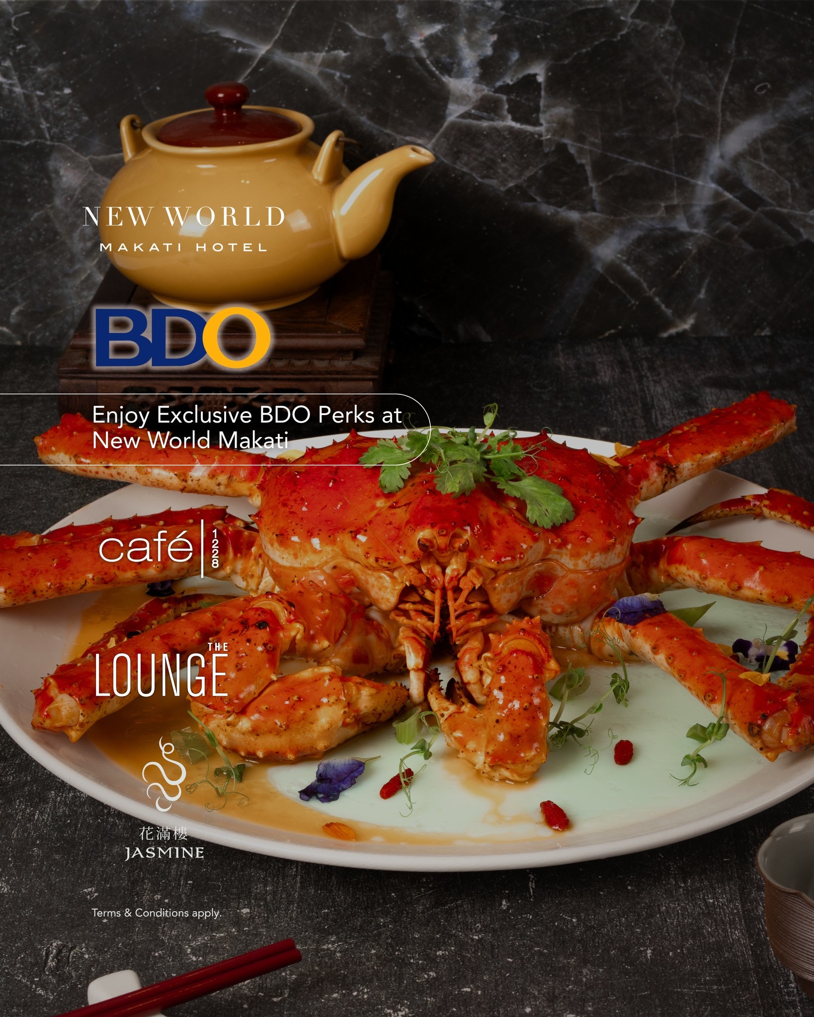 BDO makes dining twice as delightful. ​

From indulgent buffets at Café 1228 to refined gatherings at The Lounge, every occasion becomes more rewarding with exclusive BDO cardholder privileges.​
​
Café 1228 ​
Enjoy 50% off for a minimum of 2 and up to 20 persons, valid from January 5 to June 30, 2026. Because with BDO, every occasion deserves to be celebrated in style.​
​
JASMINE ​
20% off on your total dine‑in food bill ​
Minimum spend: ₱3,000 • Maximum spend: ₱10,000 ​
Valid Monday to Friday, January 5 – June 30, 2026 ​
​
THE LOUNGE ​
10% off on food and select beverages ​
Minimum spend: ₱3,000 ​
Maximum spend: ₱8,000 ​
Not valid on premium wines and spirits ​
Valid January 2 – June 30, 2026 ​
​
Make every dining experience unforgettable with exclusive privileges crafted especially for BDO cardholders.​
​
📞 (02) 8811 6888 ( For General inquiries)​
 📱 0917 888 4194 (For F&B inquiries)​
📧 enquiry.manila@newworldhotels.com or servicecentre.manila@newworldhotels.com​
🌐 manila.newworldhotels.com​
​
#NewWorldMakati #NewWorldMakatiHotel #NewWorldHotels