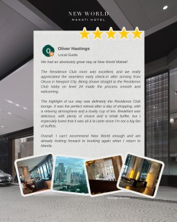 Thank you for your wonderful feedback on your Residence Club experience at New World Makati Hotel. We’re delighted you enjoyed the added comfort, personalized service, and exclusive lounge privileges designed to make your stay even more seamless and refined.​

From private check-in to curated culinary offerings throughout the day, it’s our pleasure to create a stay that feels both elevated and effortless. We look forward to welcoming you back to the Residence Club again soon.​

#NewWorldMakati #NWMNL #ResidenceClub #GuestReview #LuxuryInMakati #ElevatedStay ✨​

📞 (02) 8811 6888 (For General inquiries)​
📱 0917 888 4194 (For F&B inquiries)​
📧 enquiry.manila@newworldhotels.com or servicecentre.manila@newworldhotels.com​
🌐 manila.newworldhotels.com​
#NewWorldMakati #NewWorldMakatiHotel #NewWorldHotels