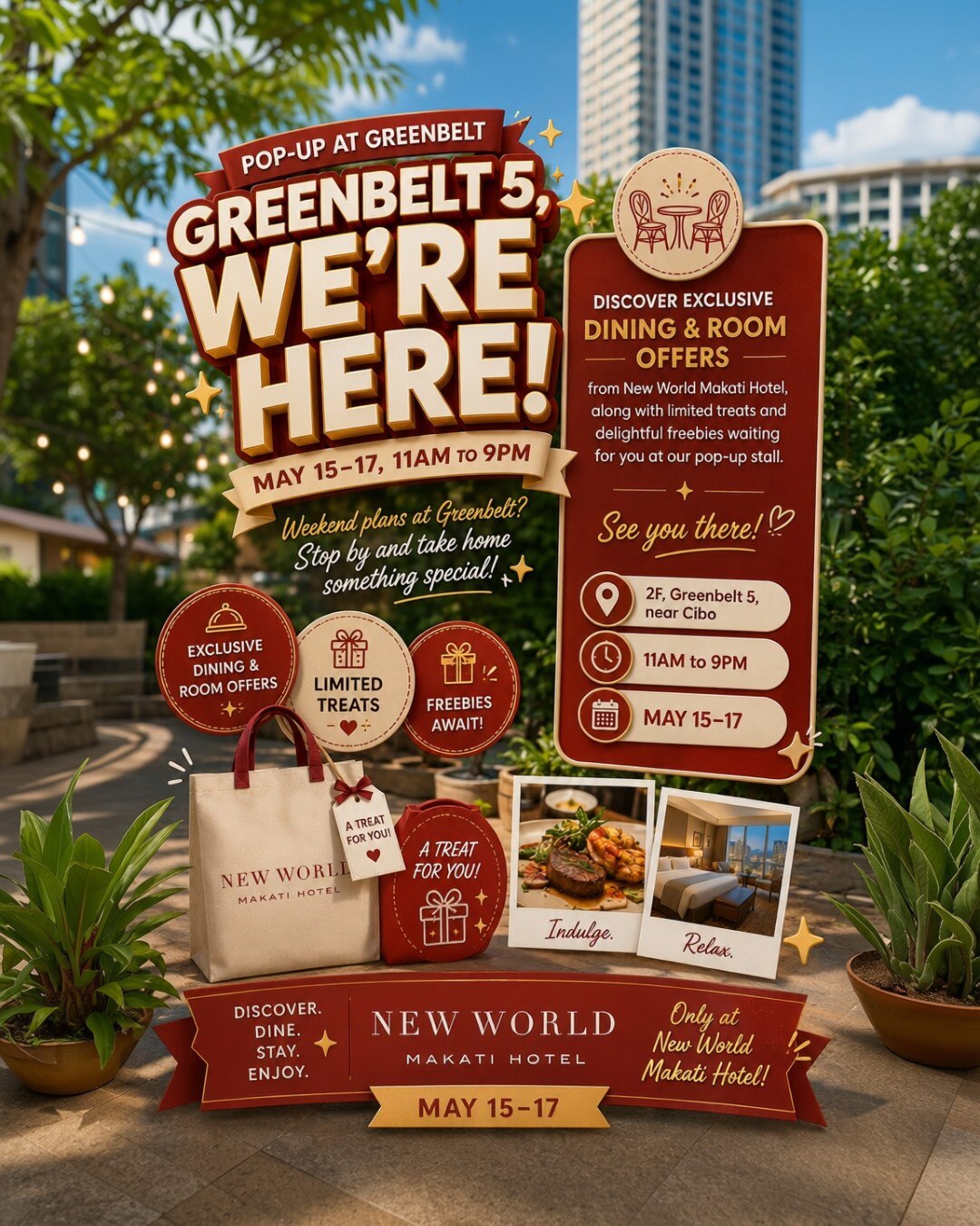 We're in Greenbelt 5! Stop by and take home something special. ✨​

Discover exclusive dining and room offers along with limited treats and delightful freebies waiting for you at our pop-up stall.​

See you there! 

#NewWorldMakati #NewWorldMakatiHotel #NewWorldHotels  #NewYearNewWorld ​