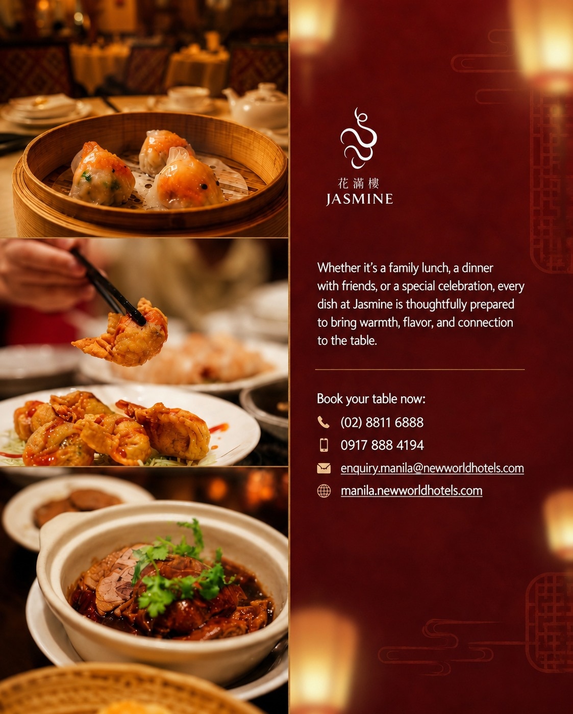 Gather around the table and savor thoughtfully crafted dishes made for every occasion at Jasmine.​

Book your table now:​
📞 (02) 8811 6888 ​
 📱 0917 888 4194 ​
📧 enquiry.manila@newworldhotels.com ​
🌐 manila.newworldhotels.com​

#NewWorldMakati #NewWorldMakatiHotel #NewWorldHotels