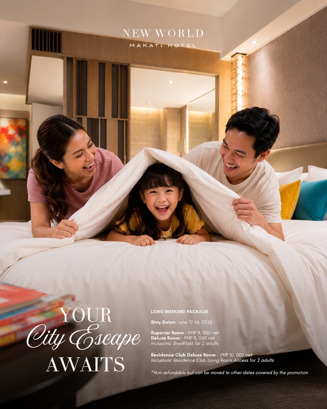 Turn the long weekend into a getaway. Discover comfort, relaxation, and a well-deserved break at New World Makati Hotel this June 12 to 14.​

Book your long weekend staycation now:​
📞 (02) 8811 6888 ​
 📱 0917 888 4194 ​
📧 servicecentre.manila@newworldhotels.com ​
🌐 https://bit.ly/4erCPLs 

#NewWorldMakatiHotel #NewWorldHotels