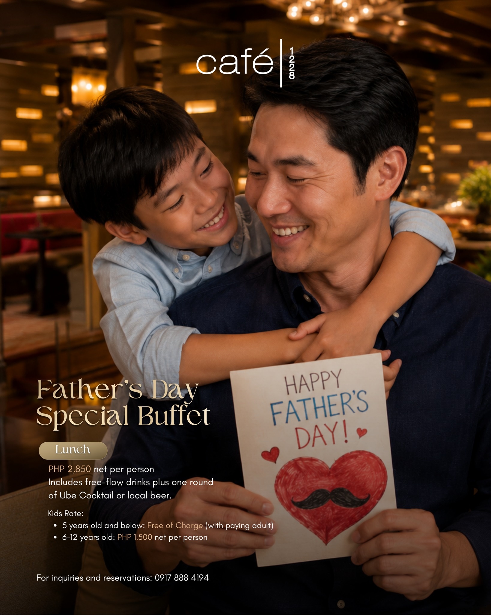Dad's day, done right. 🍽️​

Celebrate Father's Day at Café 1228 with an upgraded buffet, drinks on us, and a special gift for Dad.​

Book your table now:​
📞 (02) 8811 6888 ​
 📱 0917 888 4194 ​
📧 servicecentre.manila@newworldhotels.com ​
🌐 manila.newworldhotels.com​

#NewWorldMakatiHotel #NewWorldHotels #FathersDay #Cafe1228