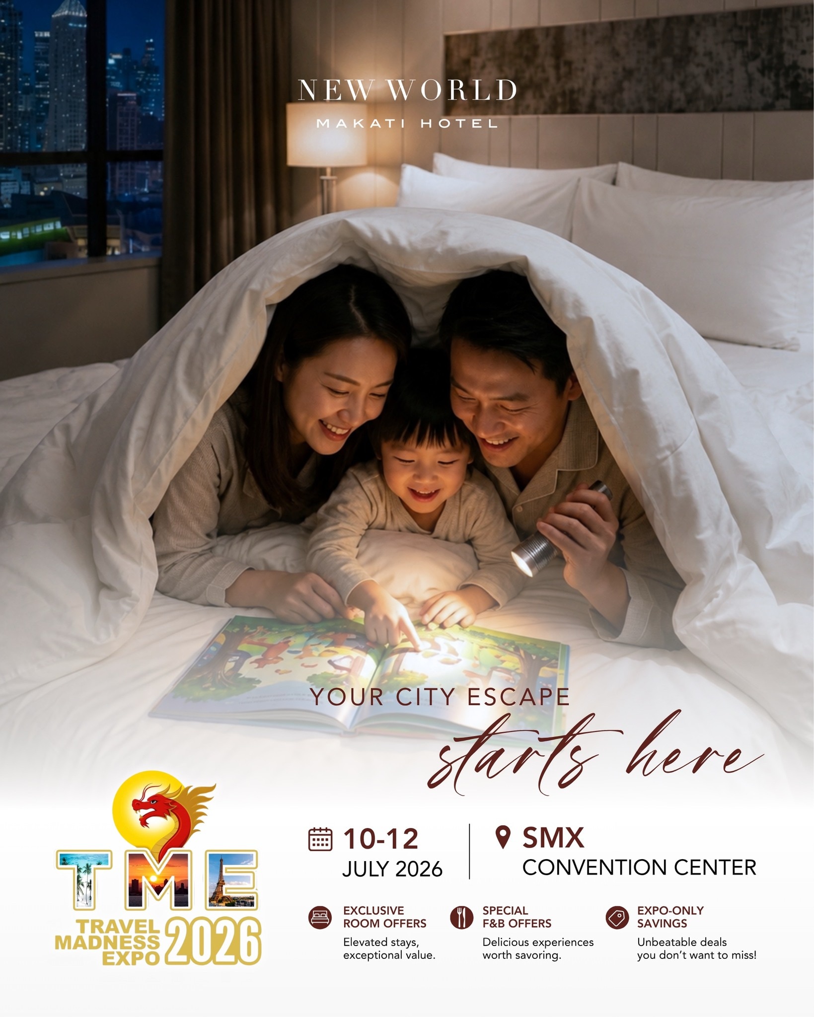 Your next city escape starts here.​

Visit New World Makati Hotel at the Travel Madness Expo, July 10–12, to score exclusive vouchers for room stays and dining offers you won't want to miss. ​

See you there!​

#NewWorldMakati #NewWorldMakatiHotel #NewWorldHotels #TravelMadnessExpo