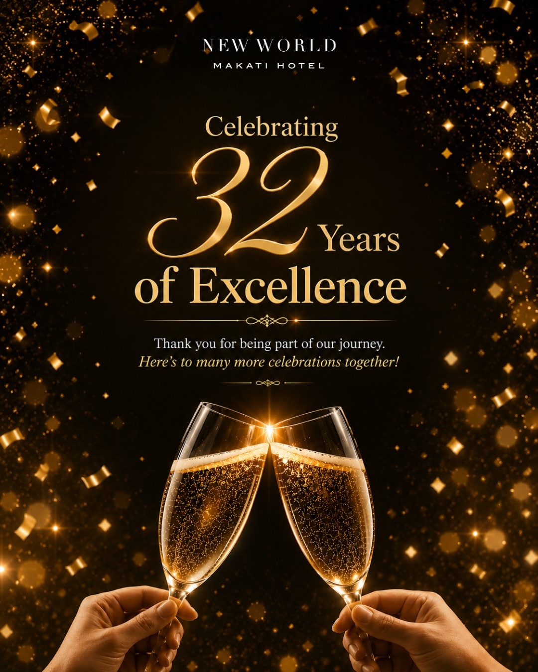 Every stay, every celebration, every moment has been part of our story.
As we celebrate 32 Years of Excellence, thank you for your trust and support. Here's to many more celebrations together! 🥂
#NewWorldMakati #NewWorldMakatiHotel