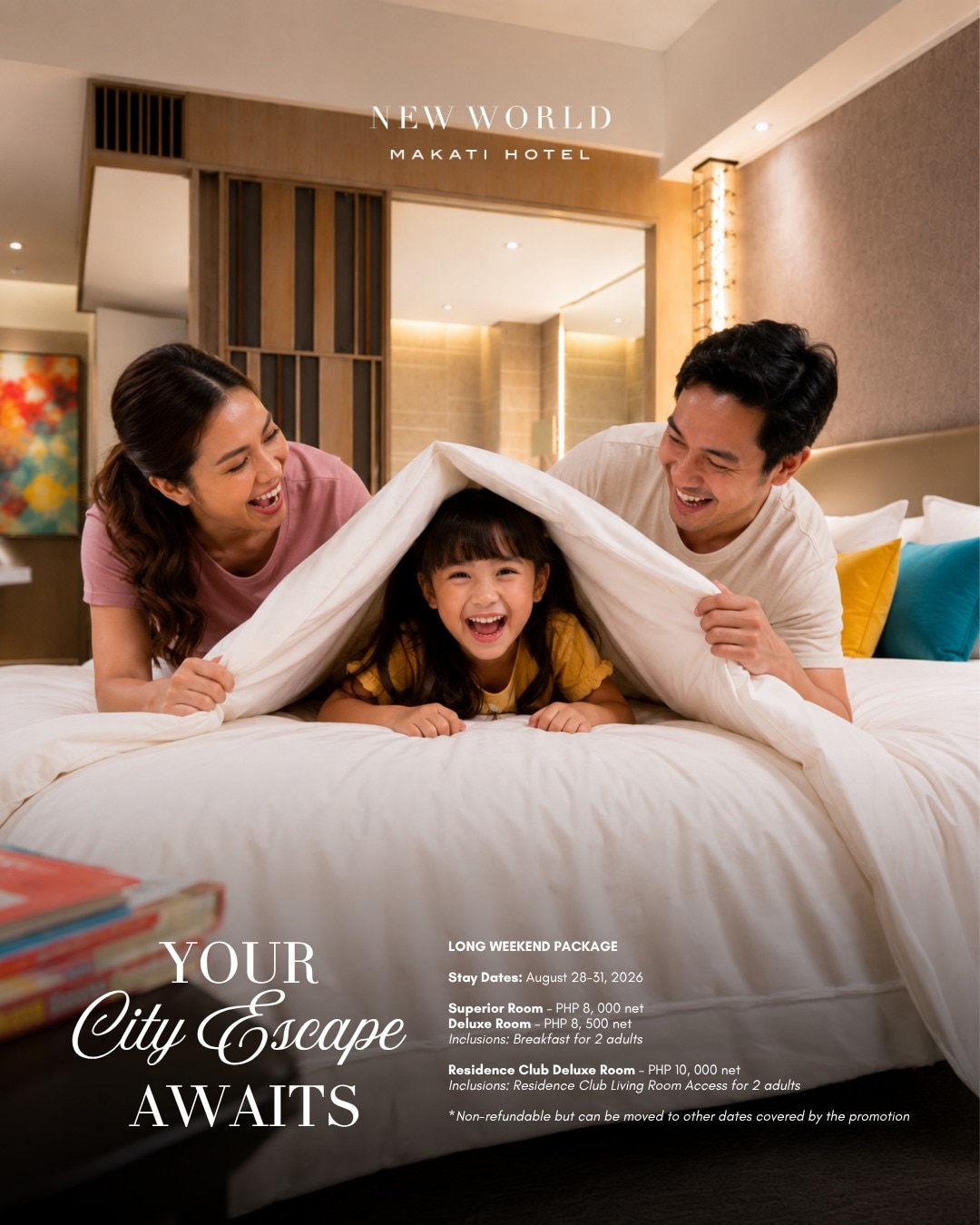 Turn the long weekend into quality time that matters. ✨ 

Create unforgettable moments with your loved ones and enjoy a relaxing city escape at New World Makati Hotel.​

Book your long weekend escape:​
📞 (02) 8811 6888 ​
📧 reservations.manila@newworldhotels.com ​

#NewWorldMakati #NewWorldMakatiHotel #NewWorldHotels ​