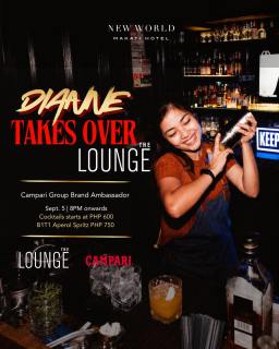 The Lounge gets a new mix. 🍸

Dianne See, Campari Group Brand Ambassador, is taking over The Lounge with unique cocktails, bold flavors, and a few surprises behind the bar.

See you there! 

Reserve your table now:
📞 (02) 8811 6888​
📱 0917 888 4194​
📧 fbreservations.manila@newworldhotels.com ​

#NewWorldMakati #NewWorldMakatiHotel #NewWorldHotels #Campari