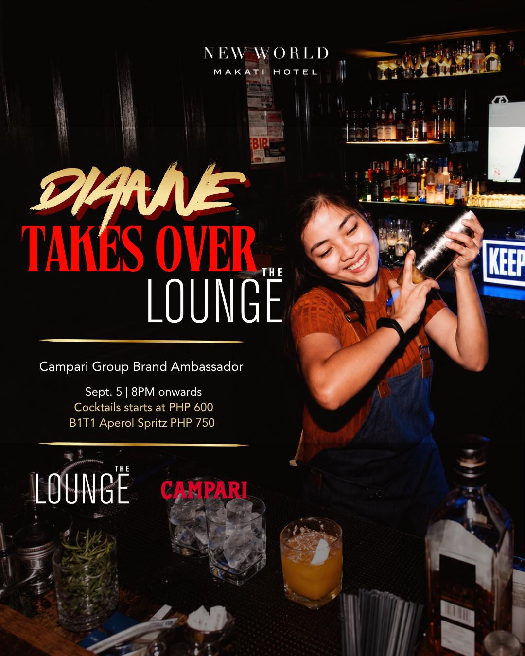 The Lounge gets a new mix. 🍸

Dianne See, Campari Group Brand Ambassador, is taking over The Lounge with unique cocktails, bold flavors, and a few surprises behind the bar.

See you there! 

Reserve your table now:
📞 (02) 8811 6888​
📱 0917 888 4194​
📧 fbreservations.manila@newworldhotels.com ​

#NewWorldMakati #NewWorldMakatiHotel #NewWorldHotels #Campari