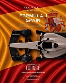 The Spanish Grand Prix is here! 🏎️
Join us at The Lounge as the world's fastest drivers take on Spain's iconic circuit and enjoy one complimentary local or draft beer for just PHP 800 net.

Book your table now: ​
📞 (02) 8811 6888​
📱 0917 888 4194​
📧 fbreservations.manila@newworldhotels.com ​

#NewWorldMakati #NewWorldMakatiHotel #NewWorldHotels #F1Racing