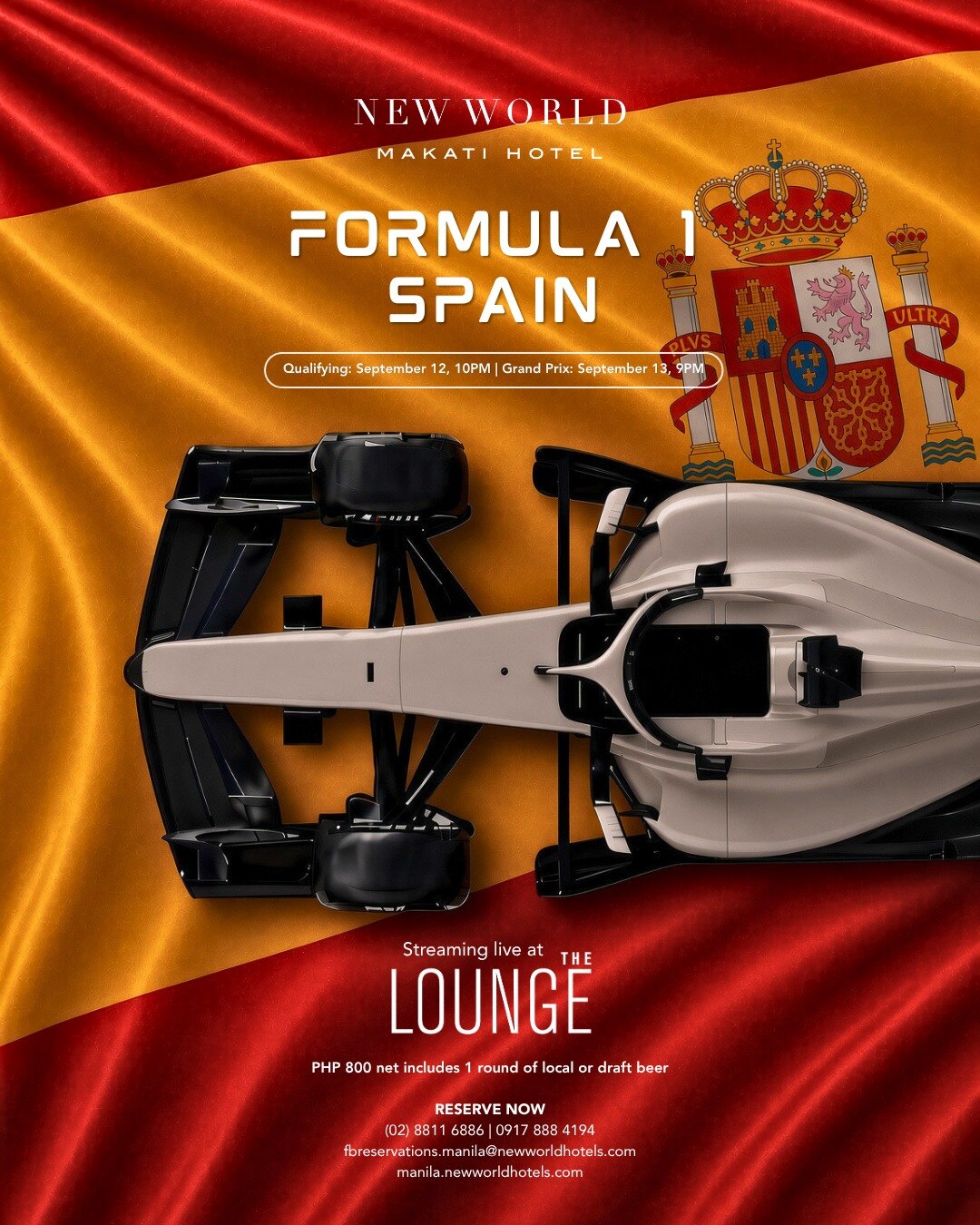 The Spanish Grand Prix is here! 🏎️
Join us at The Lounge as the world's fastest drivers take on Spain's iconic circuit and enjoy one complimentary local or draft beer for just PHP 800 net.

Book your table now: ​
📞 (02) 8811 6888​
📱 0917 888 4194​
📧 fbreservations.manila@newworldhotels.com ​

#NewWorldMakati #NewWorldMakatiHotel #NewWorldHotels #F1Racing