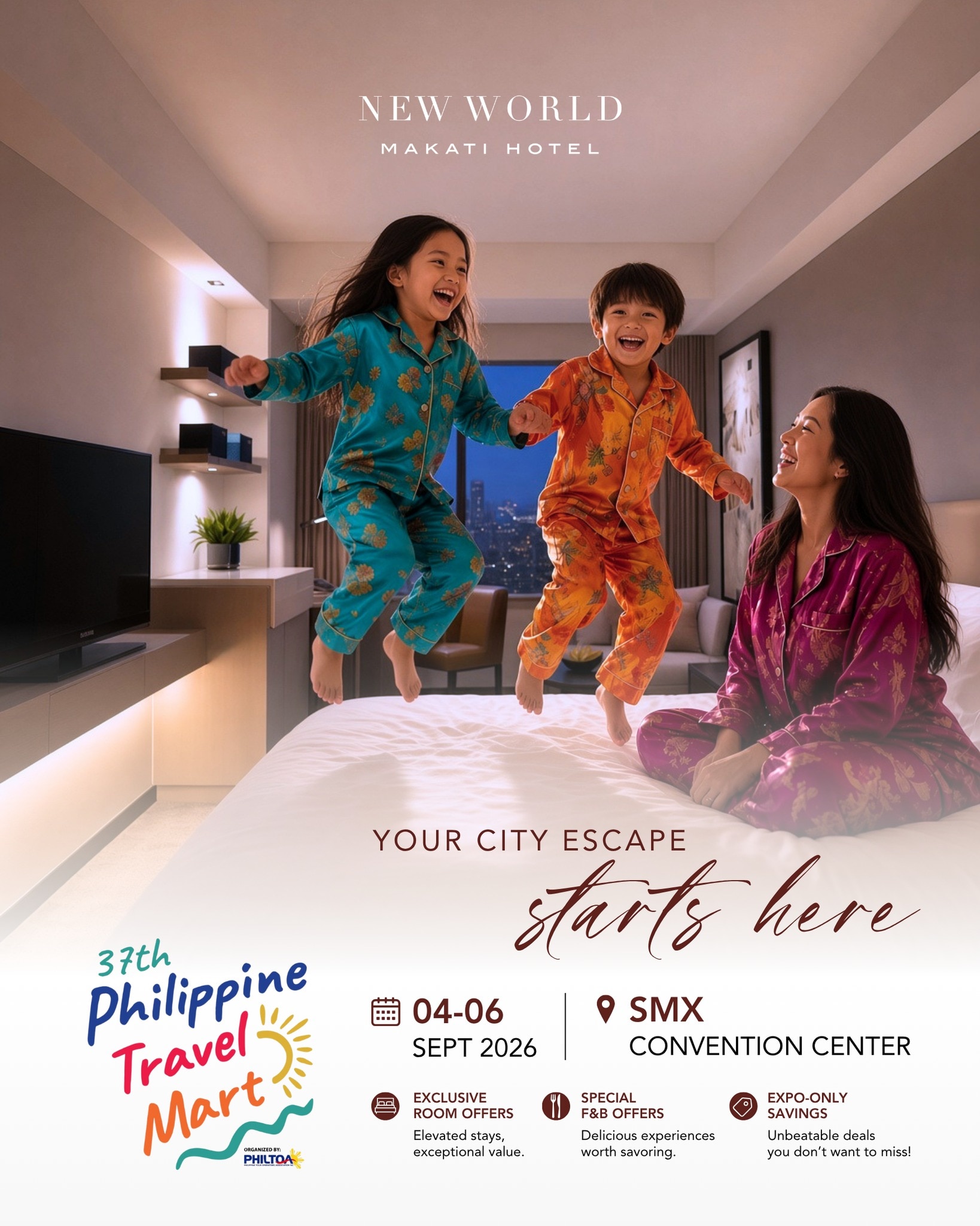 Exclusive deals await at the 37th Philippine Travel Mart!

Join New World Makati Hotel at the SMX Convention Center and unlock exclusive room offers, dining deals, and expo-only savings designed for your next city escape.

See you there!

#NewWorldMakati #PhilippineTravelMart