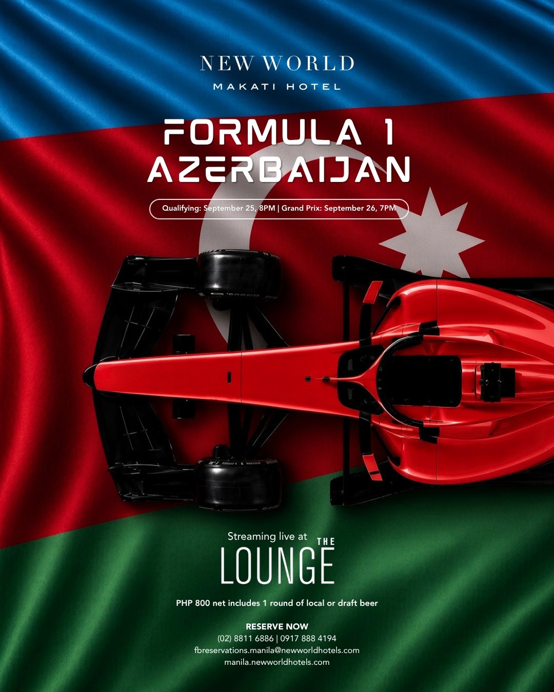 The streets of Baku are calling. Catch every thrilling lap of the Formula 1 Azerbaijan Grand Prix live at The Lounge, New World Makati Hotel.
For just PHP 800 net, enjoy the race with 1 round of local or draft beer included. 🍺
Book your table now:
📞 (02) 8811 6888
📱 0917 888 4194
📧 fbreservations.manila@newworldhotels.com
#NewWorldMakati #NewWorldMakatiHotel #NewWorldHotels #F1Racing