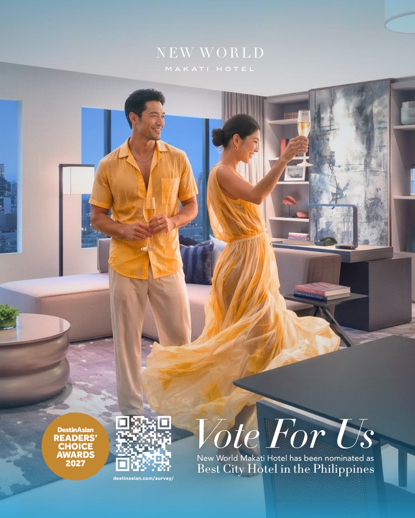 We’re delighted to share that New World Makati Hotel has been nominated for Best City Hotel in the Philippines in DestinAsian’s 20th Annual Readers’ Choice Awards. 🌟

If you’ve enjoyed a memorable stay, dining experience, or moment with us, we would be honored to have your vote.

You may cast your vote via the link in our bio.

We’re grateful to our guests and partners who continue to make New World Makati part of their journeys in the city. 🤍

#NewWorldMakati #DestinAsianReadersChoice #BestCityHotel #LuxuryHospitality #Makati