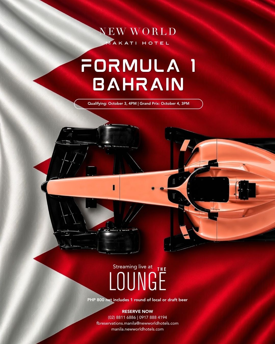 The race for glory continues in Bahrain.​

Watch all the action unfold live at The Lounge, where thrilling motorsport moments are best enjoyed with great company and a refreshing beer.

Book your table now: ​
📞 (02) 8811 6888 ​
📱 0917 888 4194 ​
📧 fbreservations.manila@newworldhotels.com ​

#NewWorldMakati #NewWorldMakatiHotel #NewWorldHotels #F1Racing