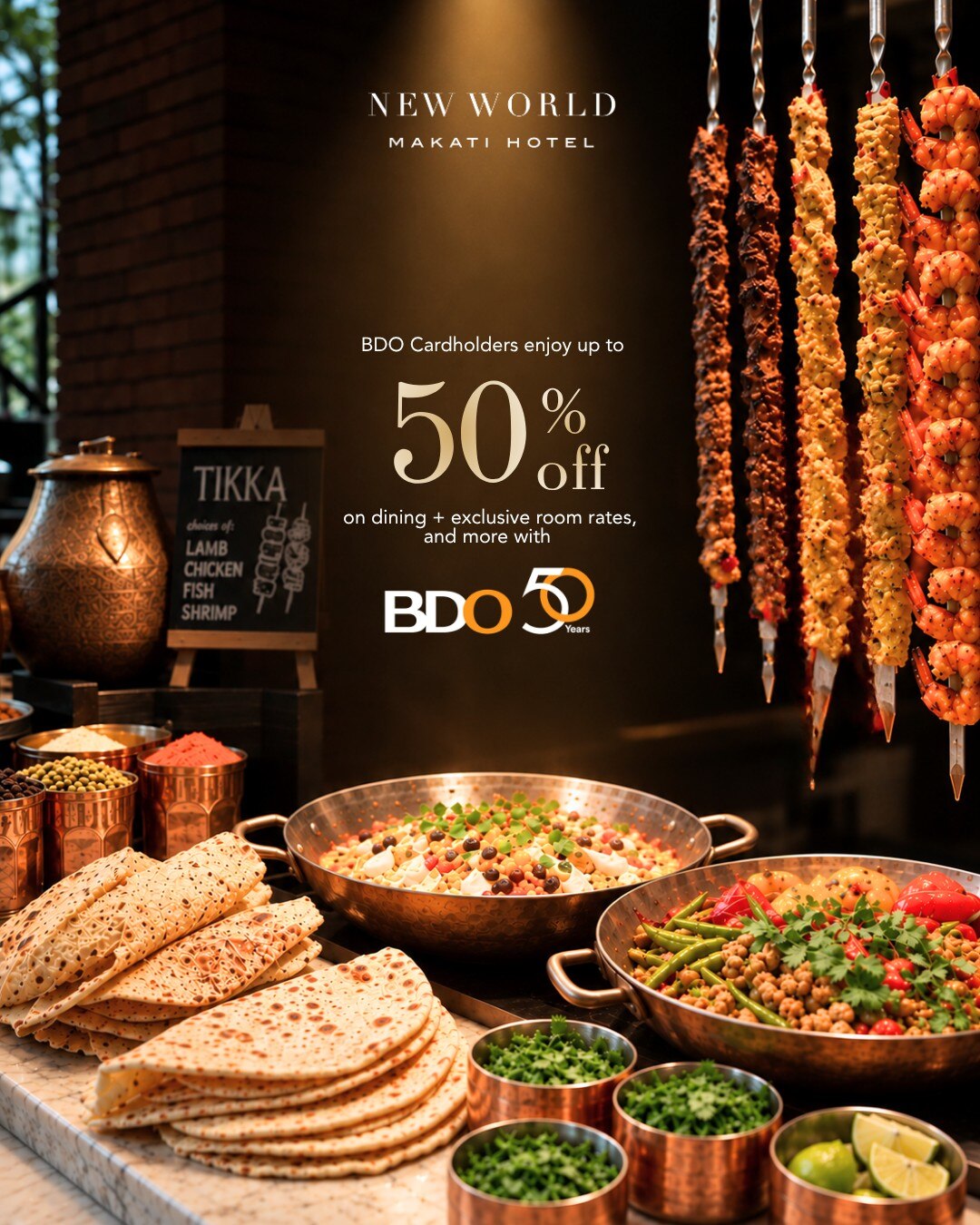 Your next dining experience comes with exceptional rewards.​ 🍽️

BDO Cardholders can enjoy:
- 50% OFF at Cafe 1228 (minimum of 2 person)
- 10% OFF on food and select beverages with a minimum spend of Php 3,000
- Special room rates starting at Php 9,300 per night with breakfast for two (2)

Terms & Conditions apply.​

Book now:​
📞 (02) 8811 6888 ​
📧 servicecentre.manila@newworldhotels.com ​

#NewWorldMakatiHotel #NewWorldHotels
