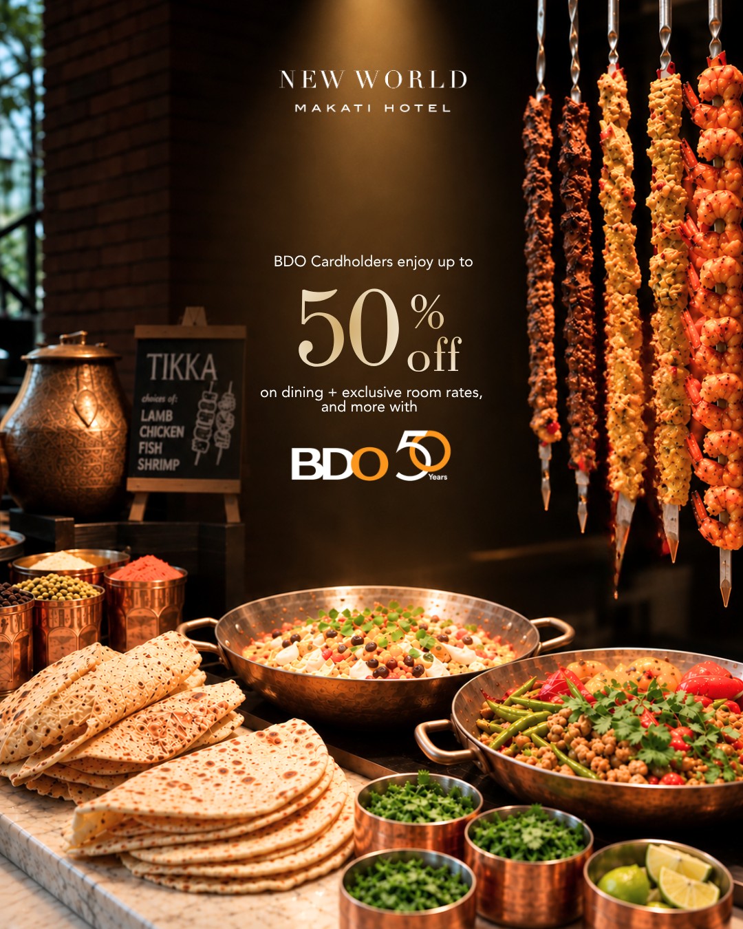Your next dining experience comes with exceptional rewards.​ 🍽️

BDO Cardholders can enjoy:
- 50% OFF at Cafe 1228 (minimum of 2 person)
- 10% OFF on food and select beverages with a minimum spend of Php 3,000
- Special room rates starting at Php 9,300 per night with breakfast for two (2)

Terms & Conditions apply.​

Book now:​
📞 (02) 8811 6888 ​
📧 servicecentre.manila@newworldhotels.com ​

#NewWorldMakatiHotel #NewWorldHotels