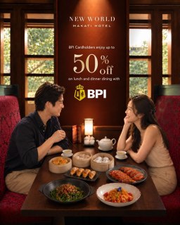A table set for exceptional flavors and rewarding moments. 

BPI Cardholders enjoy exclusive dining privileges at New World Makati Hotel:

Café 1228
 • 50% OFF lunch and dinner buffet
 • Minimum of 2 diners, maximum of 20 diners per card

Jasmine
 • 30% OFF à la carte orders with a minimum spend of Php 3,000

Terms & Conditions apply.​

Book your table now:​
📞 (02) 8811 6888 ​
📧 servicecentre.manila@newworldhotels.com ​

#NewWorldMakatiHotel #NewWorldHotels #BPI