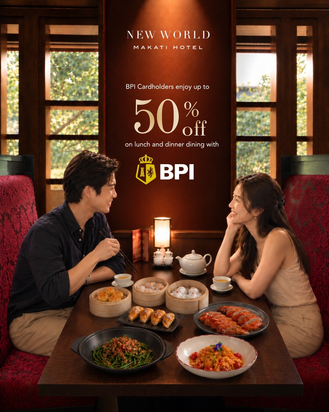 A table set for exceptional flavors and rewarding moments. 

BPI Cardholders enjoy exclusive dining privileges at New World Makati Hotel:

Café 1228
 • 50% OFF lunch and dinner buffet
 • Minimum of 2 diners, maximum of 20 diners per card

Jasmine
 • 30% OFF à la carte orders with a minimum spend of Php 3,000

Terms & Conditions apply.​

Book your table now:​
📞 (02) 8811 6888 ​
📧 servicecentre.manila@newworldhotels.com ​

#NewWorldMakatiHotel #NewWorldHotels #BPI