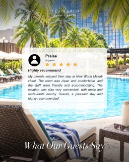 A memorable stay, reflected in every kind word.

We're honored by our guests' trust and grateful for the opportunity to deliver comfort, convenience, and heartfelt hospitality at New World Makati Hotel.

Book your stay now:
📞 (02) 8811 6888 ​
📧 reservations.manila@newworldhotels.com ​

#NewWorldMakati #NewWorldHotels