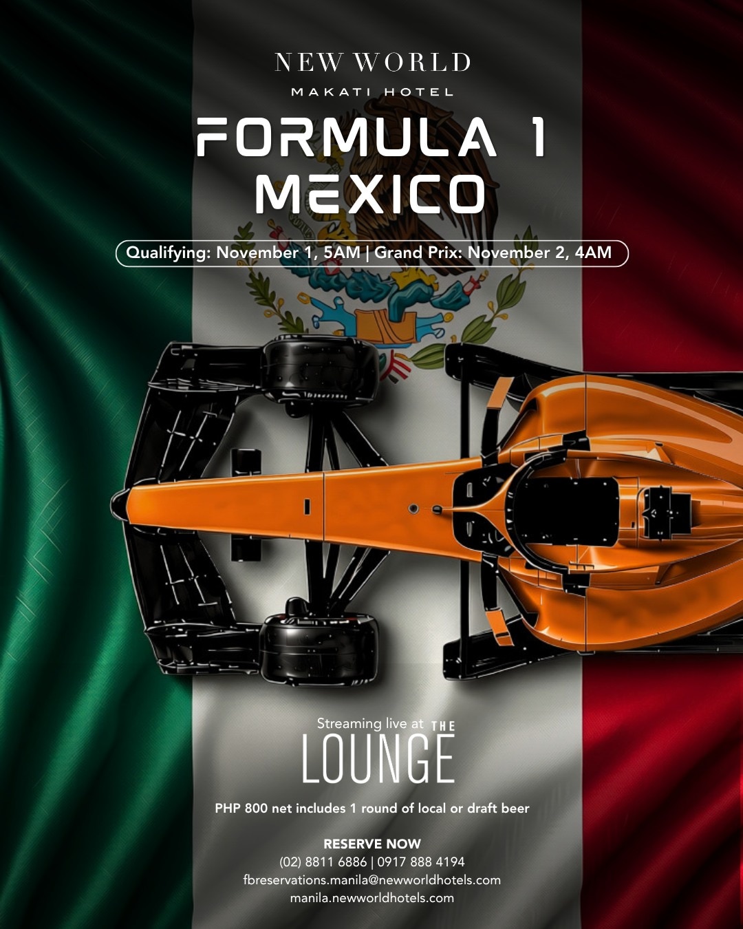 Your race-day plans start here. 🏎️🍻
Experience the speed, strategy, and excitement of the Formula 1 Mexico Grand Prix live at The Lounge, with a round of local or draft beer to keep the good times going.
Book your table now:
📞 (02) 8811 6888
📱 0917 888 4194
📧 fbreservations.manila@newworldhotels.com
#NewWorldMakati #NewWorldMakatiHotel #NewWorldHotels #F1Racing