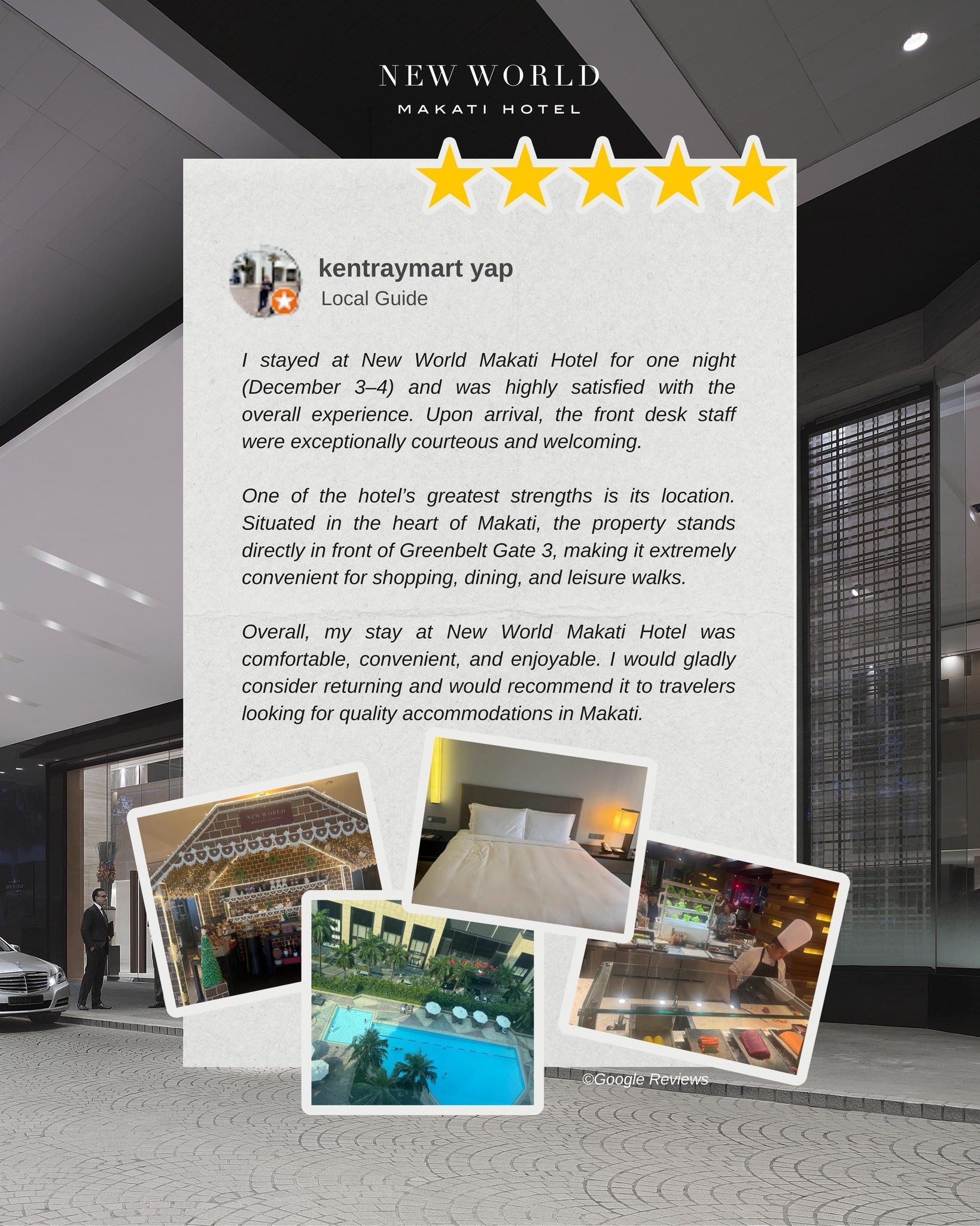 Comfortable, convenient, and enjoyable​
​
Thank you to kentraymart yap, Local Guide, for the five-star love!​

From our warm welcome to our unbeatable location right across Greenbelt, we’re thrilled to have made your stay memorable.​

We can’t wait to welcome you back to New World Makati Hotel — where every visit feels like coming home. 💫​

For room inquiries or reservations:​
📞 (02) 8811 6888 ext. 3700 ​
📞 (02) 8811 6813 ext. 3700 ​
📧 reservations.manila@newworldhotels.com ​
🌐 manila.newworldhotels.com​

​
#NewWorldMakati #NewWorldMakatiHotel #NewWorldHotels